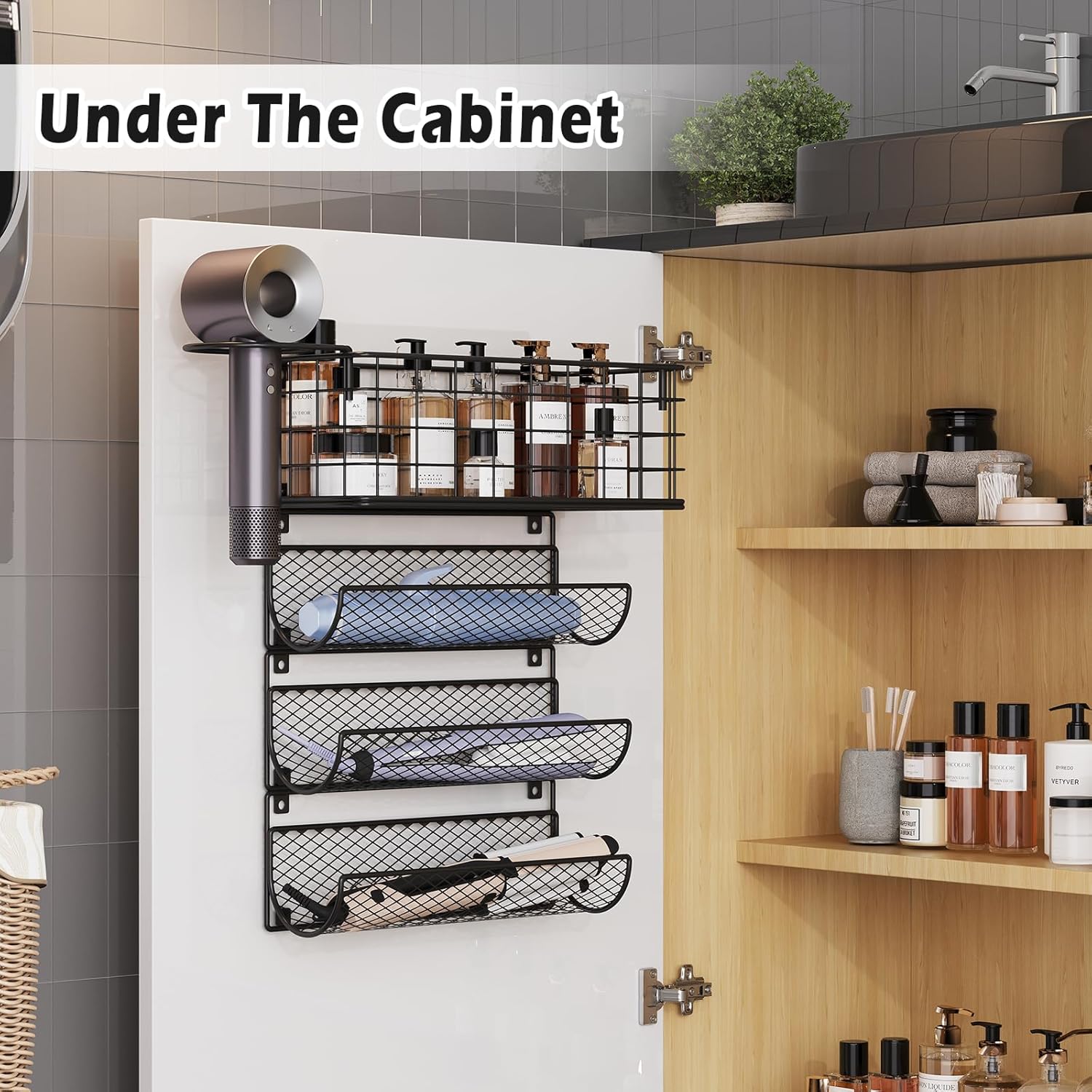 Wall-Mounted Hair Dryer Holder Styling Tool Organizer 4-Shelf Storage Wire Basket with Hook Heat Safe Rack for Hair-Straighteners,Curling Wands,Flat Iron,Perfume,Cabinet Door Bathroom Kitchen - Image 2