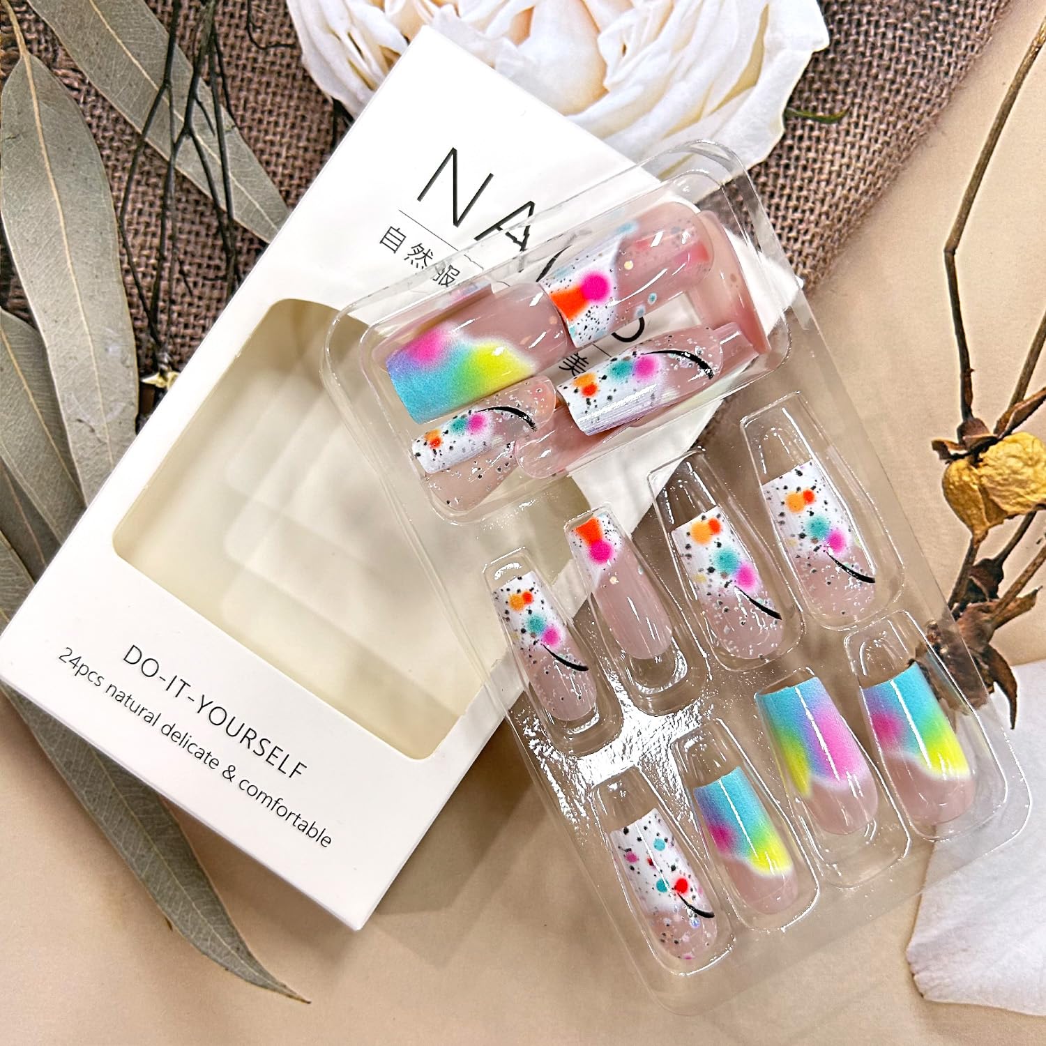 TBRZTR Press on Nails Medium Length Square False Nails Colorful Gradient Acrylic Nails Full Cover Artificial Coffin Nails Press Nails with Design Acrylic Smudge Nails 24Pcs Glue on Nails for Women - Image 5