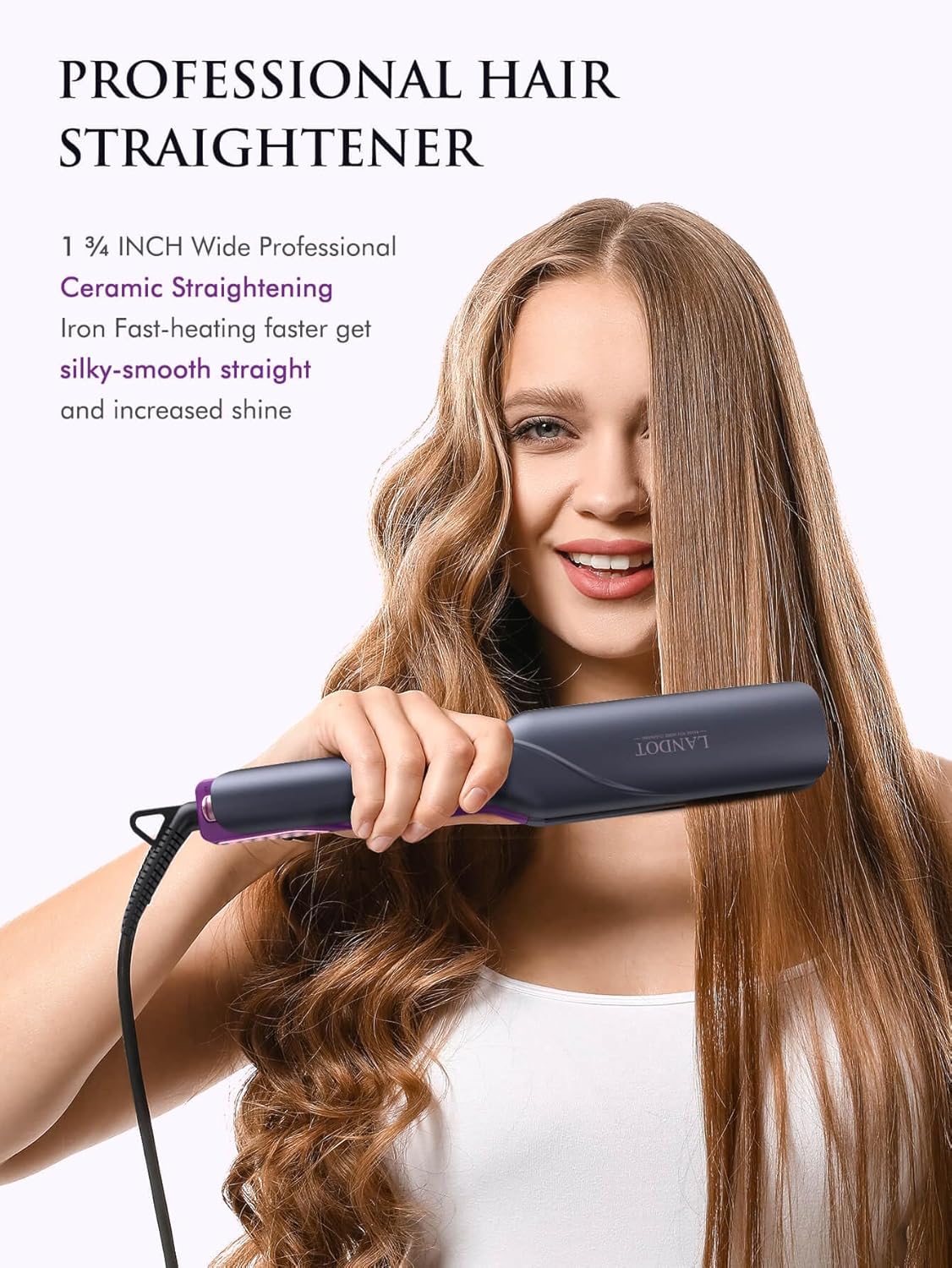 LANDOT Wide Flat Iron Hair Straightener for Fast Styling Thick/Long/Coarse Hair: 1-3/4 Inch Ceramic Straightener for Less Frizz, Smoother Shinier Results - Dual Voltage & 12 Temp Setting 250-450F - Image 2