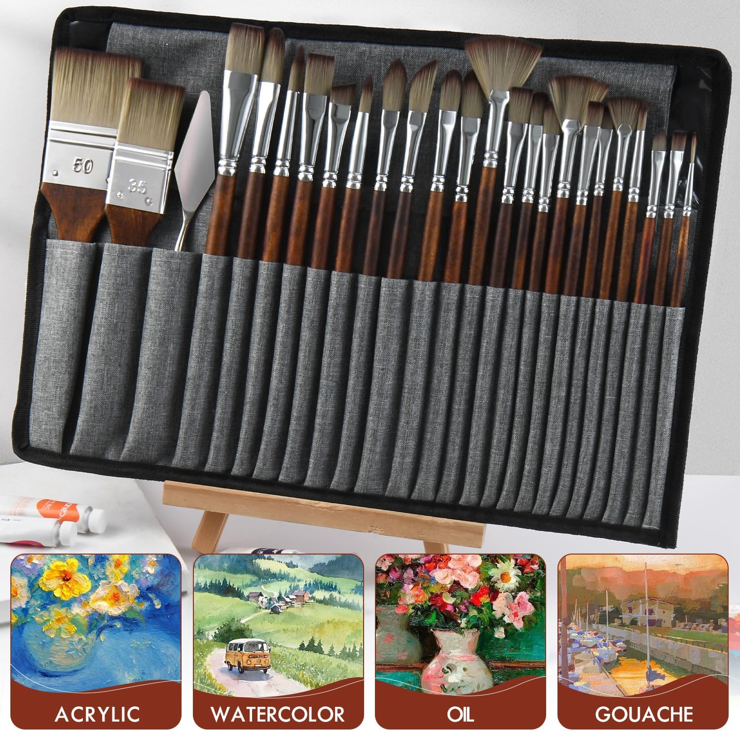 25pcs Paint Brush Set, Fuumuui Acrylic Paint Brushes, Professional Artist Series with Wide Flat, Filbert, Fan, Dagger, Cat Tongue, Round, Angle, Rigger for Oil, Acrylic Canvas Paintings, Face Painting - Image 6