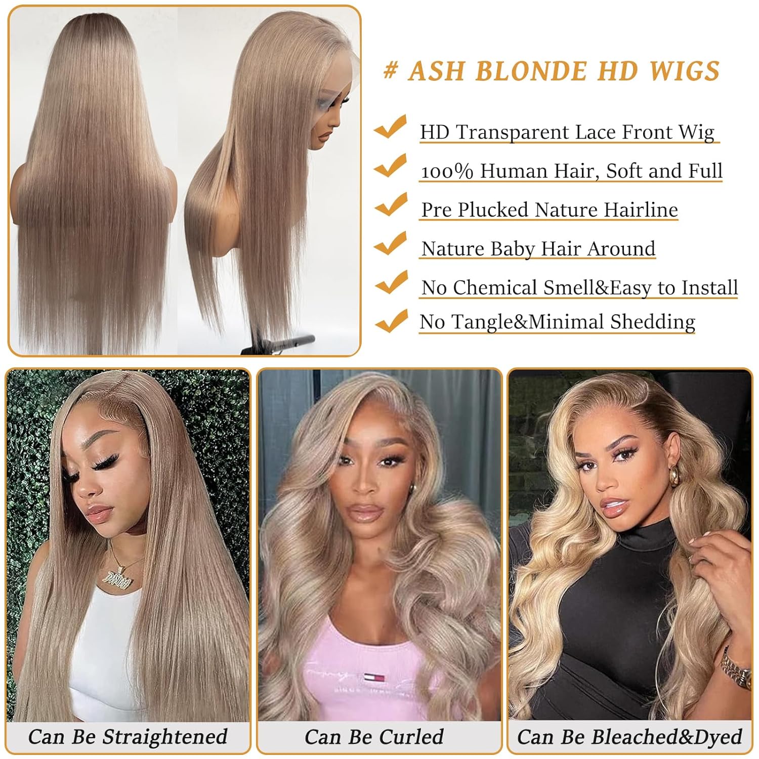 30Inch Long Straight Ash Blonde Lace Front Wigs Human Hair for Women, Light Ash Blonde Colored 13x6 HD Invisible Lace Front Wig Human Hair, Free Part Glueless Wigs, Pre Plucked Pre Cut - Image 5