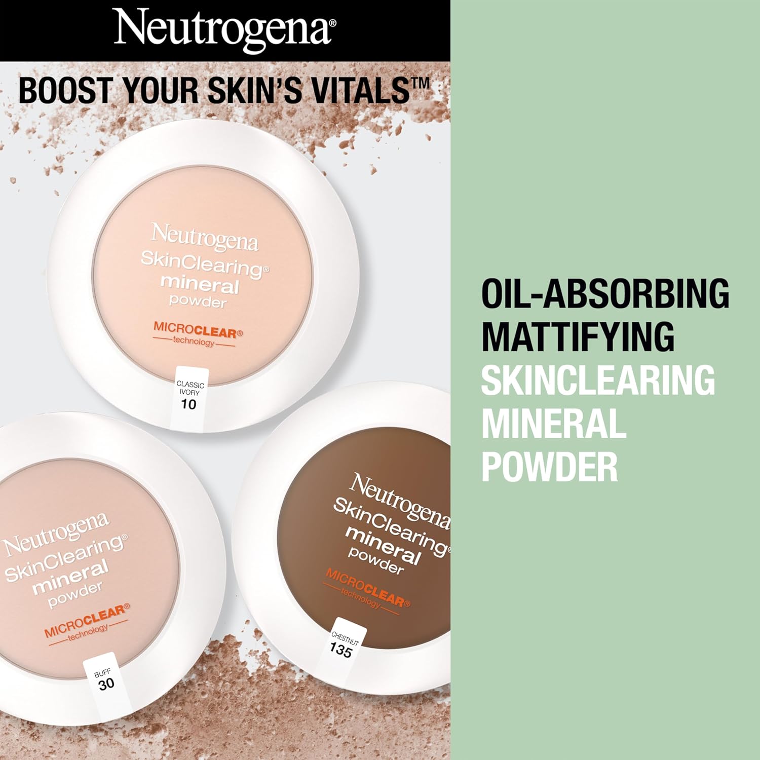 Neutrogena SkinClearing Mineral Acne-Concealing Pressed Powder Compact, Shine-Free & Oil-Absorbing Makeup with Salicylic Acid to Cover, Treat & Prevent Breakouts, Natural Beige 60,.38 oz (Pack of 2) - Image 2