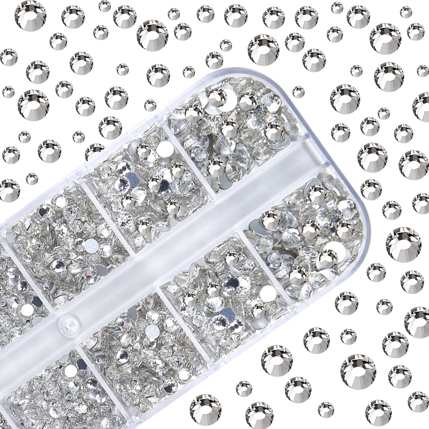 Nail Art Rhinestones Kit HUETFAT 2400pcs Nail Gems Crystal Clear Flatback Rhinestones Gems Stones, with Storage Organizer Box/Wax Pencil/Tweezers 6 Sizes (1.9-4.5 mm) for Nail Art Craft - Image 4