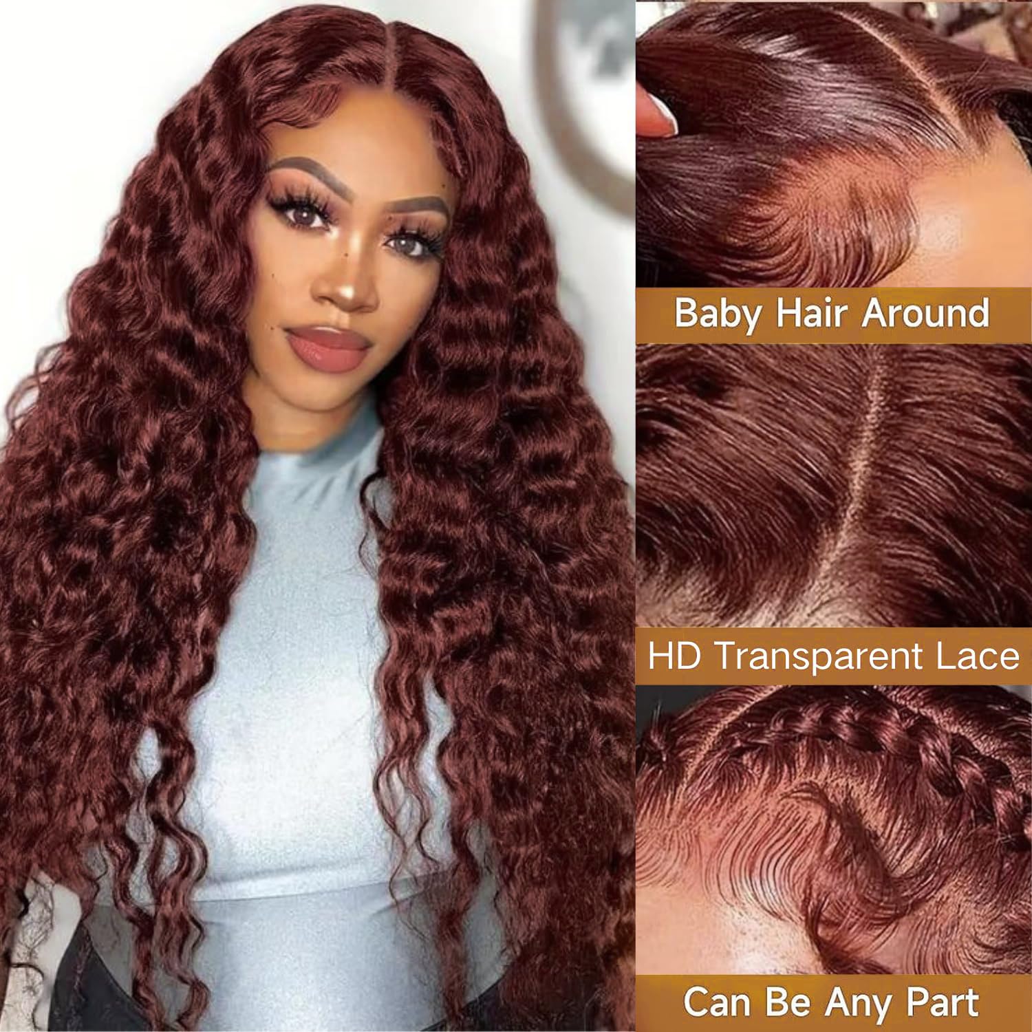 Reddish Brown Lace Front Wigs Human Hair 30 Inch Reddish Brown Curly Lace Front Wig 180 Density 33# Deep Wave 13x6 HD Lace Frontal Wigs Human Hair Pre Plucked for Women Auburn Colored Human Hair wig - Image 3
