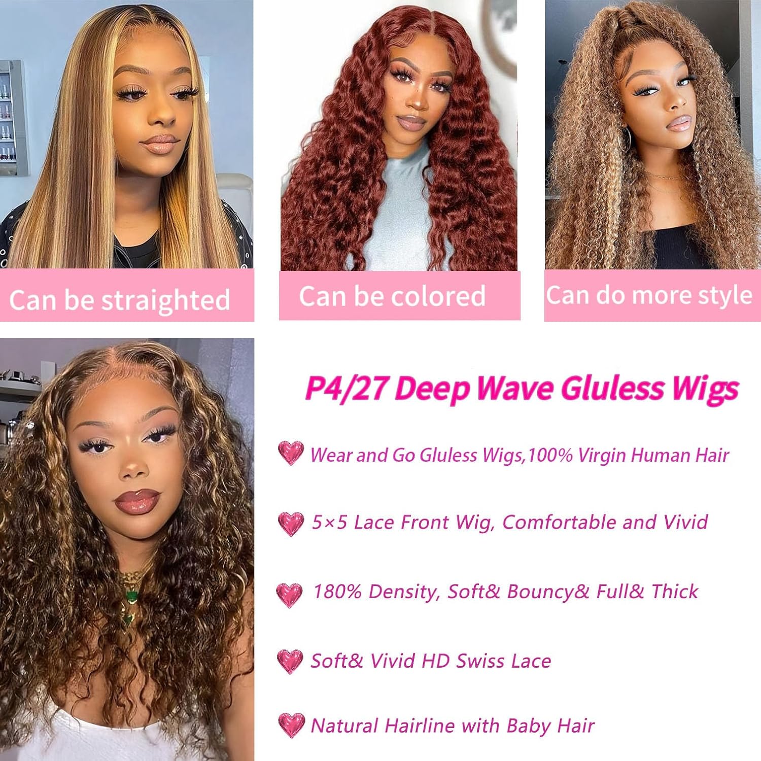 Highlight Ombre 4/27 Human Hair Wear and Go Glueless Wigs Deep Wave Curly Wet and Wavy Lace Front Pre Plucked Pre Cut 5x5 HD Lace Closure Wigs for Black Women (highlight ombre 4/27, 22 Inch) - Image 3