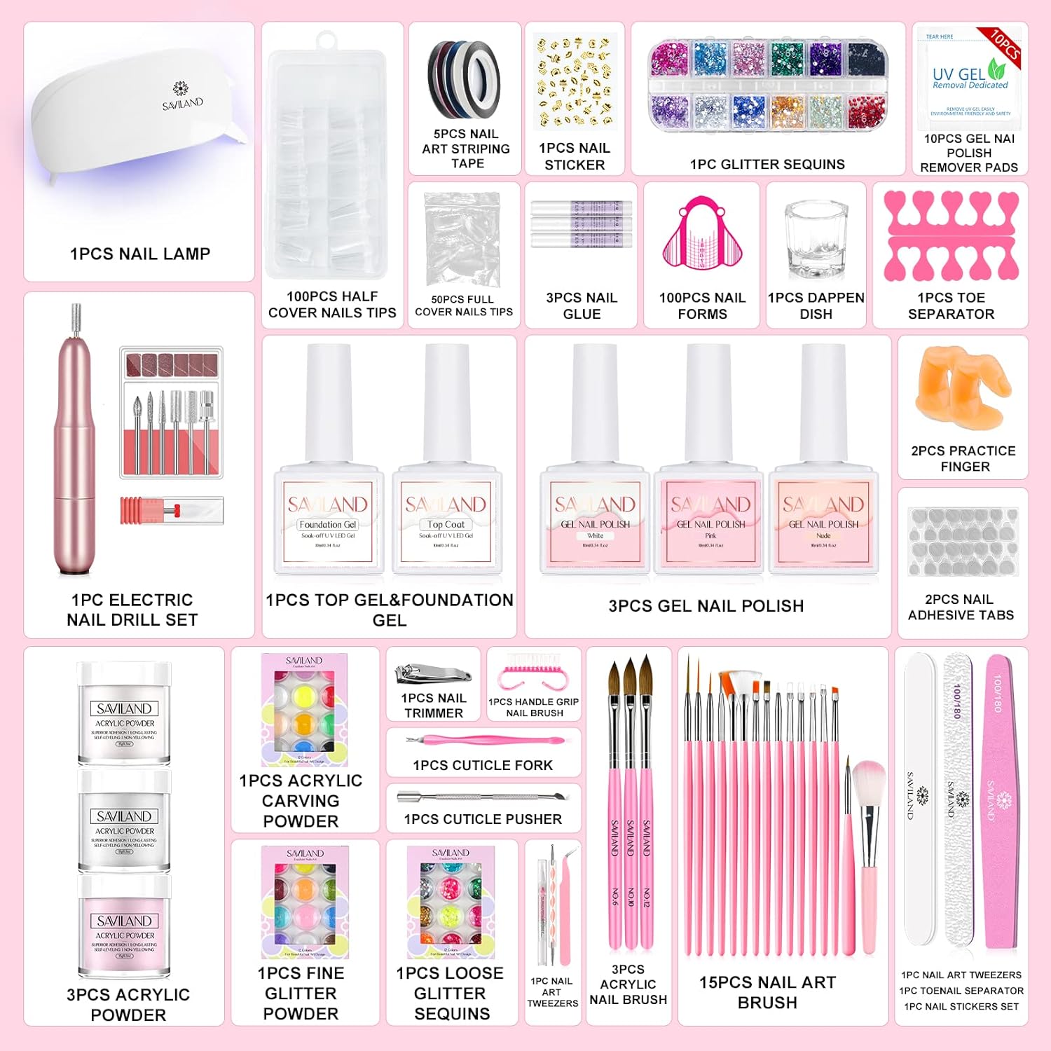 SAVILAND Acrylic Nail Kit for Beginners with Nail Drill, Gel Polish, and Art Tools - Image 2