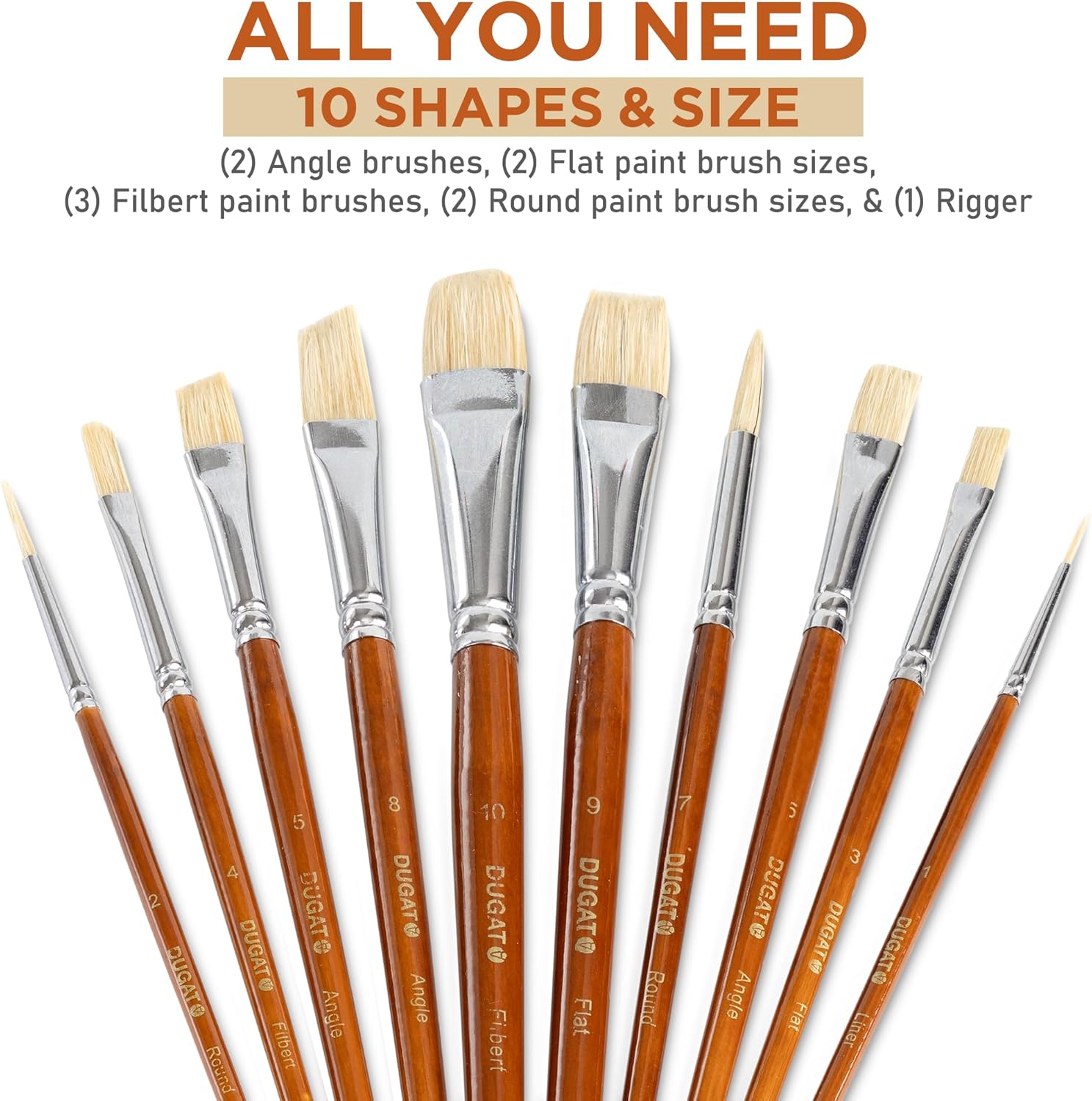 10pcs White Hog Hair Artist Paint Brush Set by DUGATO Perfect for Acrylic Oil Gouache Watercolor, Painting Brushes Kit for Kids, Adults Fabulous for Canvas & Fabric - Image 2