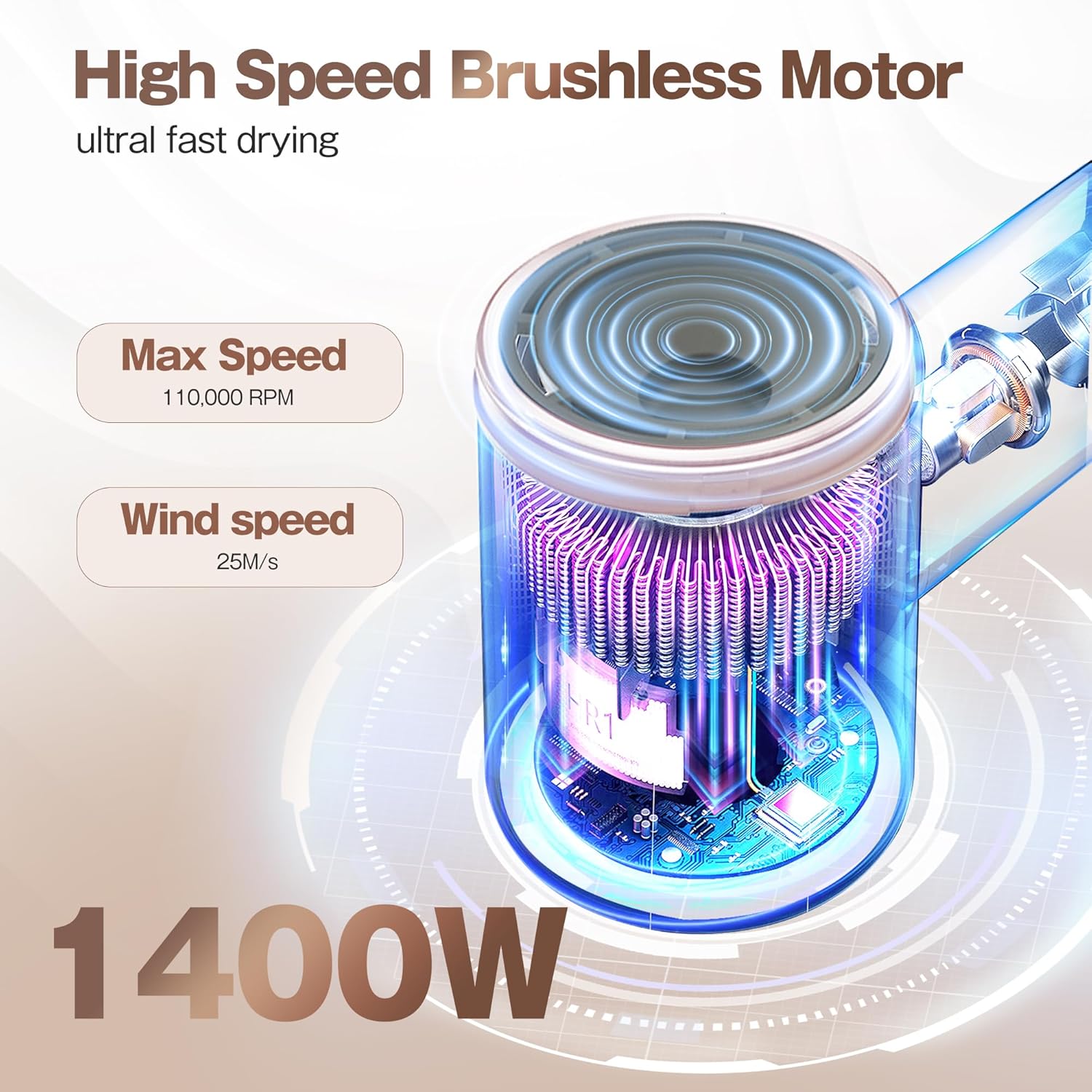 Hair Dryer, High-Speed Ionic Low Noise Blow Dryer with Brushless Motor for Fast Drying, Thermo-Control Quiet Compact Hair Blow Dryer, Hairdryer with 1 Nozzle Attachments for Home Salon Travel - Image 8