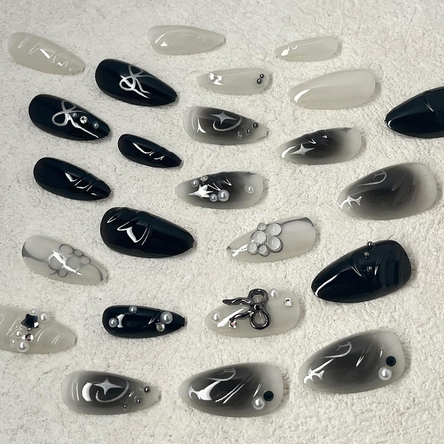 Black Press on Nails Medium Almond Fake Nails with 3D Bow Pearl Designs Glossy Black Gradient False Nails Y2K Silver Star Water Drops Full Cover Acrylic Nails Stick on Nails for Women 24Pcs - Image 5