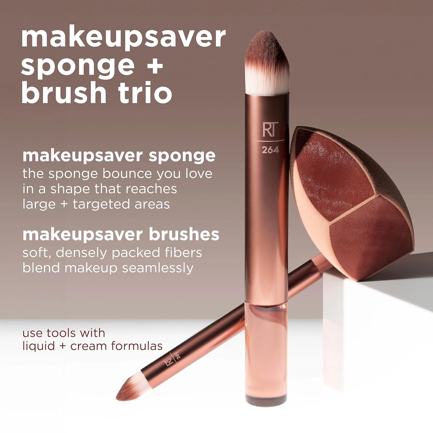 Real Techniques Makeupsaver Sponge + Brush Trio, Makeup Blending Sponge & Brushes For Liquid & Cream Formulations, Natural Finish & Reduces Makeup Waste, Cruelty & Latex-Free 3 Piece Set - Image 3