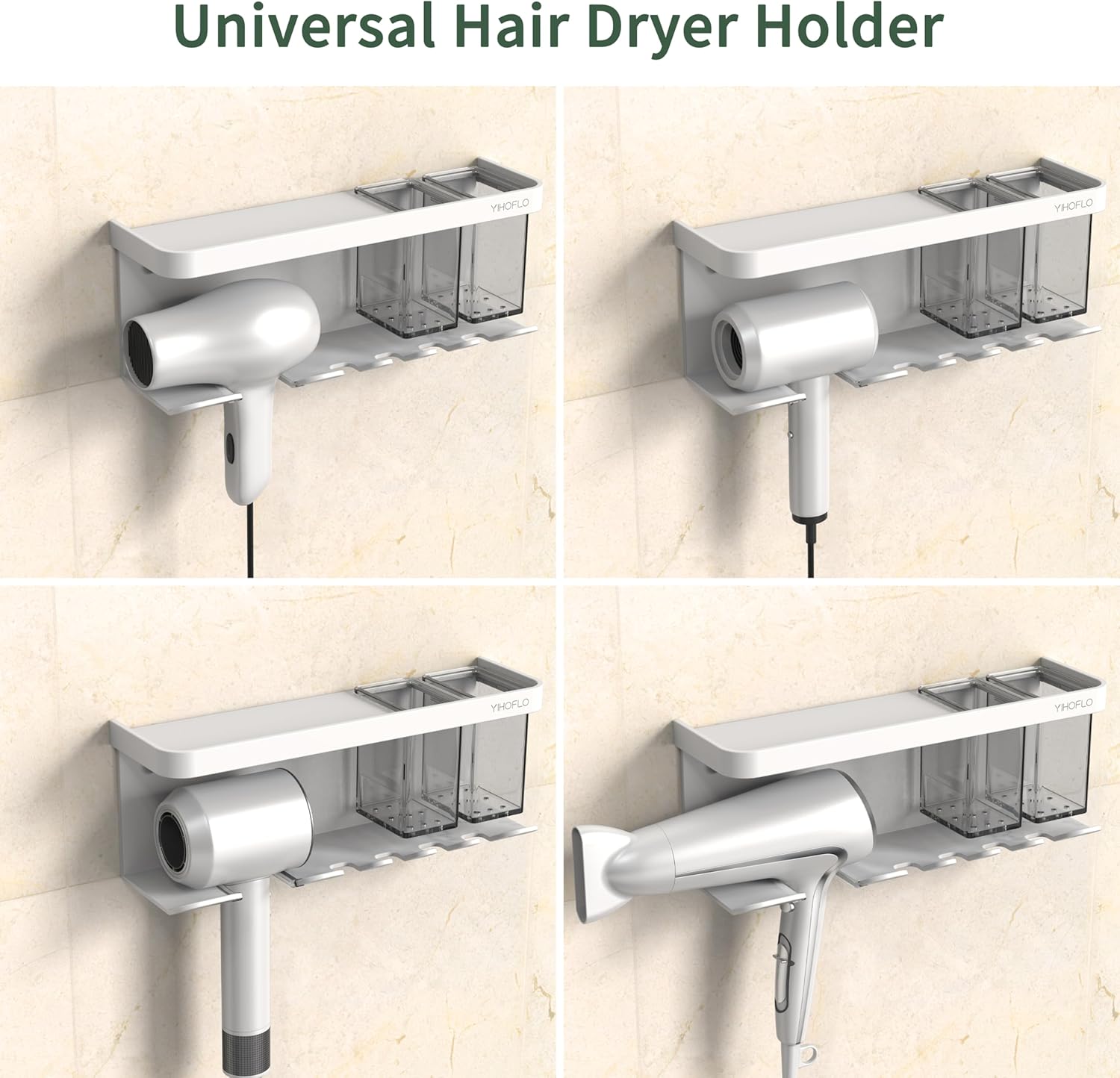 Hair Dryer Holder Wall Mounted Adhesive/Drilling, Storage Organizer With Shelf & Hooks, Rack for Bathroom, Blow Dryer Holder, Tool Organizer (White) - Image 2
