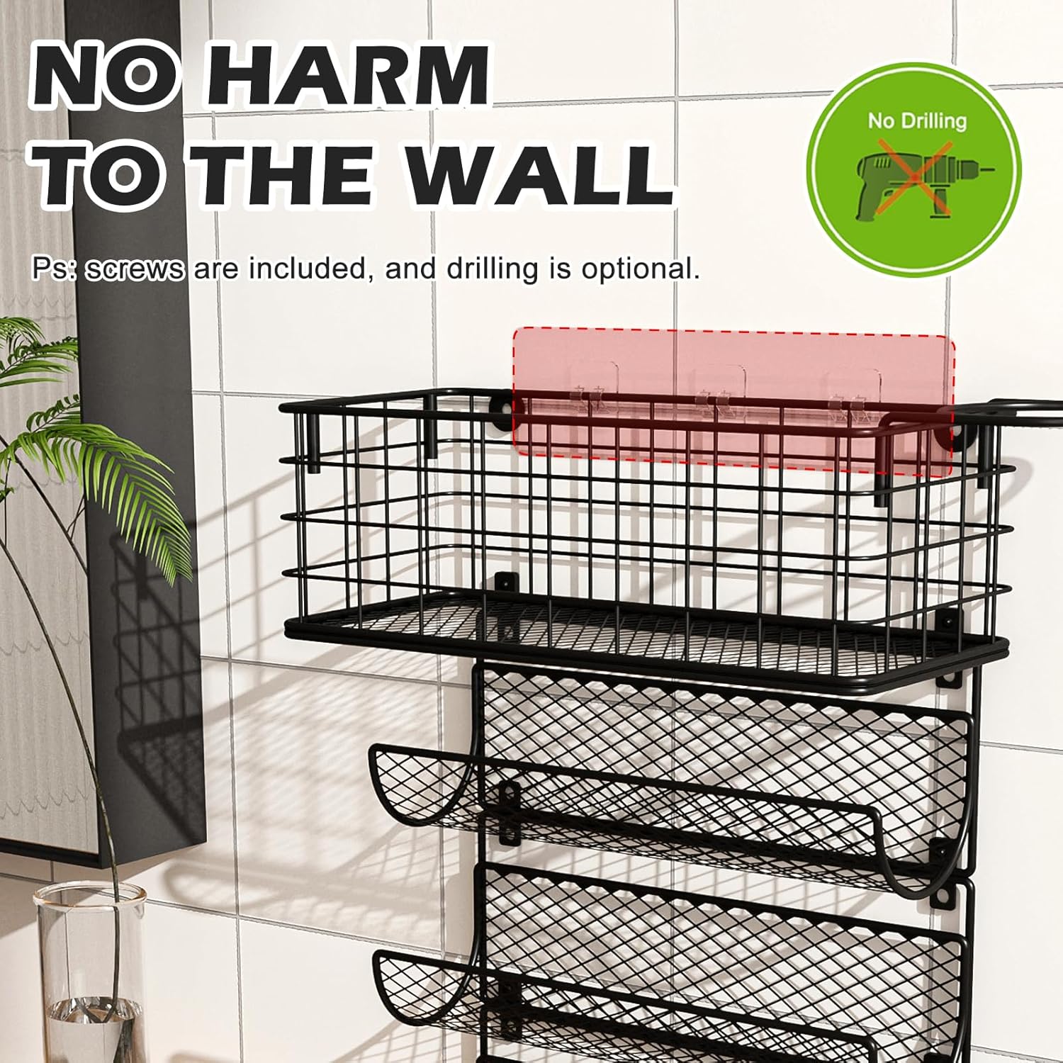 Wall-Mounted Hair Dryer Holder Styling Tool Organizer 4-Shelf Storage Wire Basket with Hook Heat Safe Rack for Hair-Straighteners,Curling Wands,Flat Iron,Perfume,Cabinet Door Bathroom Kitchen - Image 3