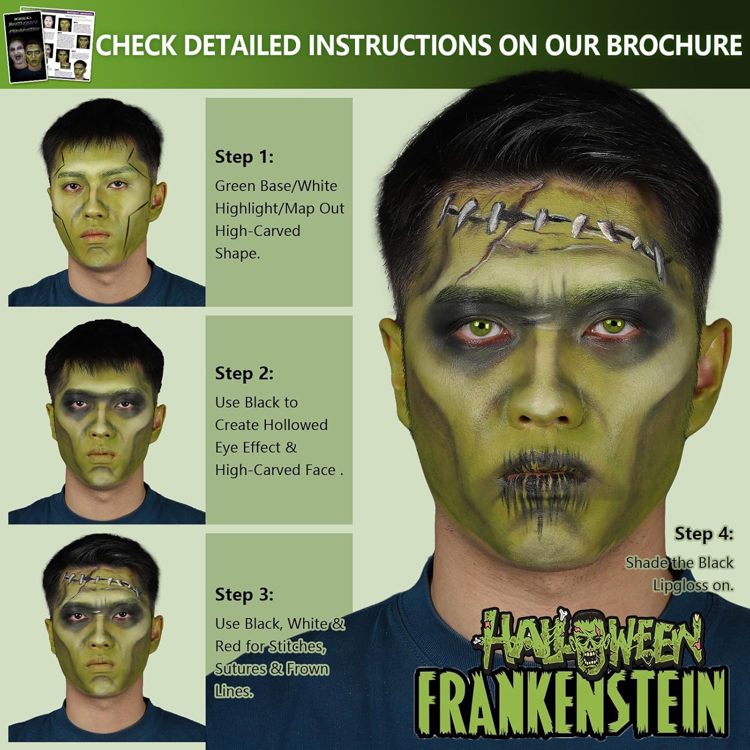 Halloween Beetle-juice Makeup & Frankenstein Makeup Kit, Face Paint SFX Character Set with Black Lipstick & Applicators for Ghost, Zombie, Grinch Special Effects Make Up, Costume Cosplay Party & Stage - Image 4