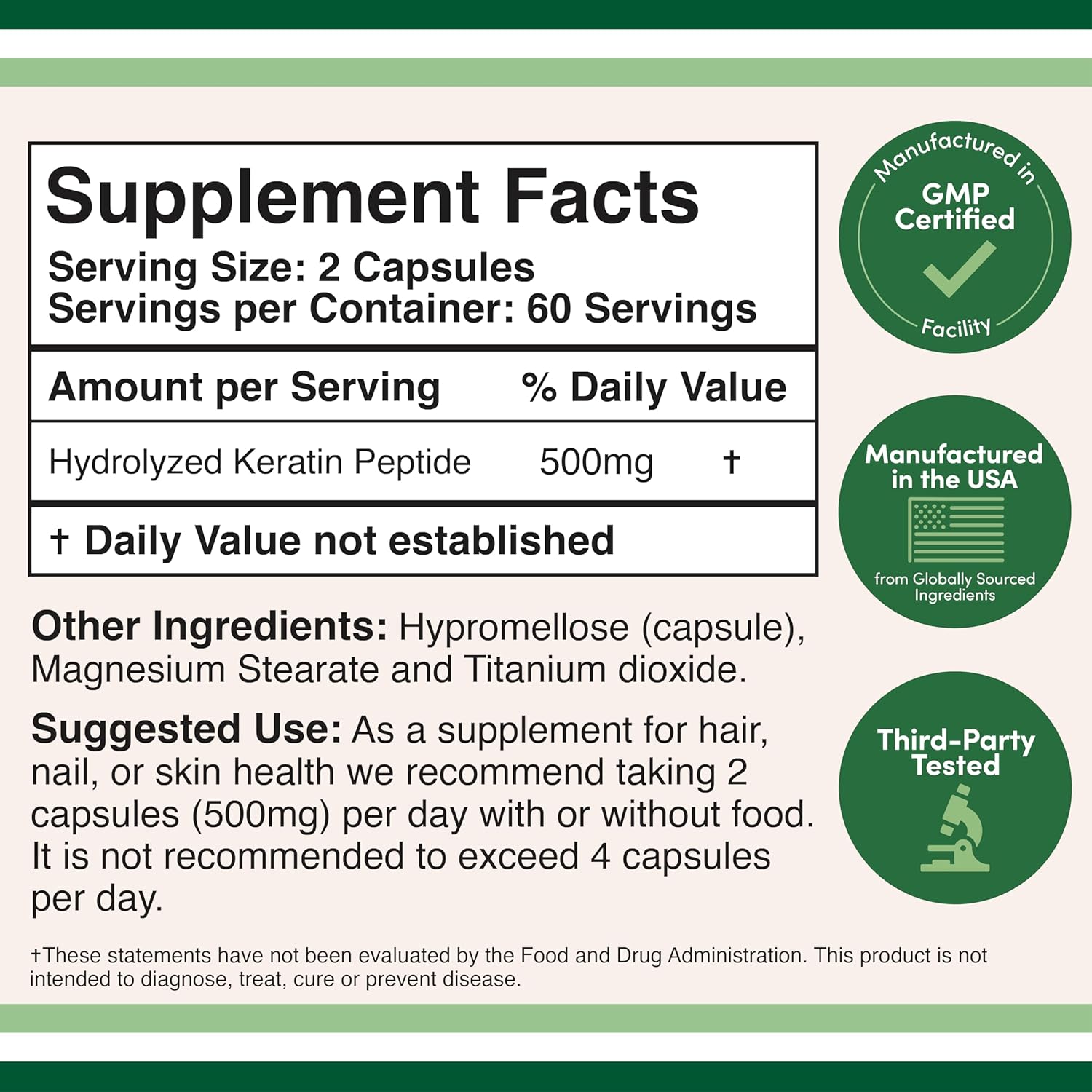 Keratin Hair Growth Vitamins 500mg 120 Vegan Pills for Strong Hair Skin Nails - Image 2