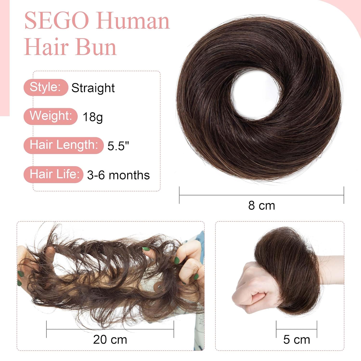 SEGO Human Hair Messy Bun Hairpieces Real Scrunchies Natural Wavy Smoothed Updo Donut Chignon Ponytail Extensions for Women Girls-#02 Dark Brown - Image 3
