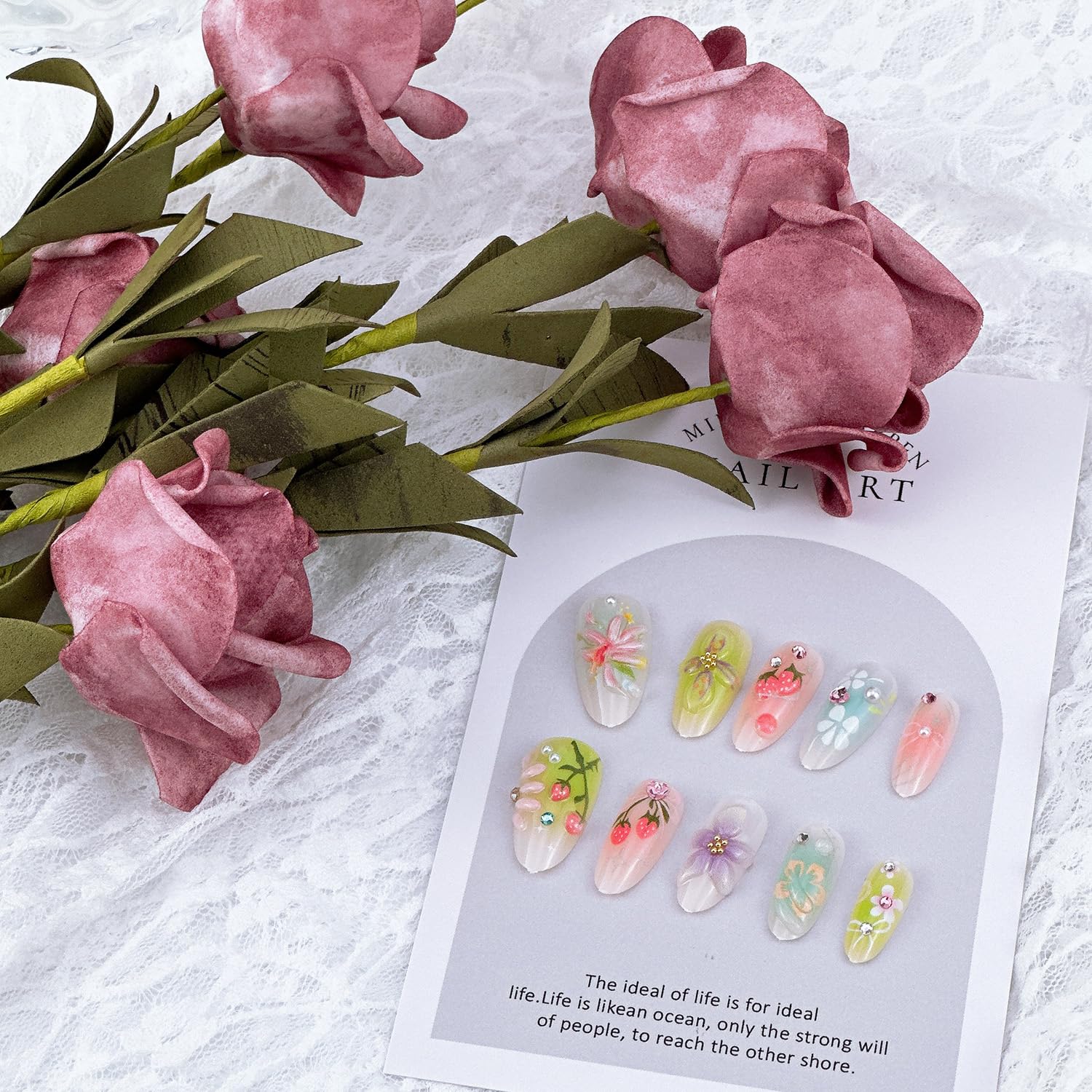 30Pcs 3D Flower Press on Nails Medium Almond Fake Nails with Pearl Rhinestones Designs Fill Cover Glue on Nails Cute Strawberry Acrylic Nails Pink Bow False Nails Star Floral Stick on Nails for Women - Image 5