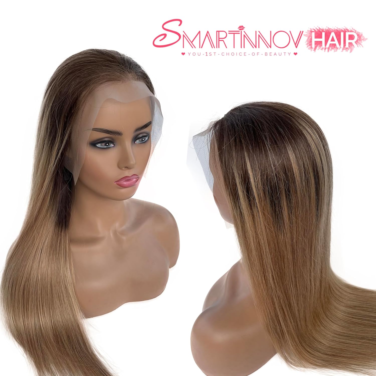 Ombre Honey Blonde 16 Inch 150 Density Human Hair Wig with Dark Roots and HD Lace Frontal - Image 4