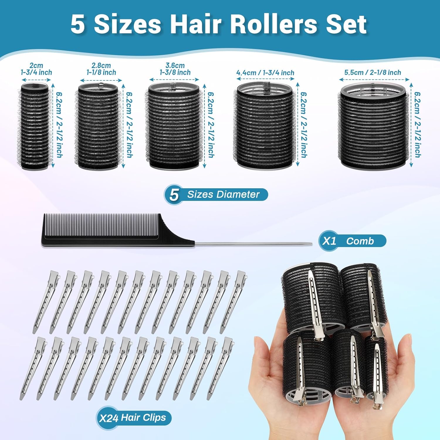 56 Pcs Hair Rollers Set for Blowout Look Long Hair, 30Pcs Rollers Hair Curlers in 5 Sizes with 24 Pcs Clips and Storage Bag for Long Medium Short Hair Volume - Image 3