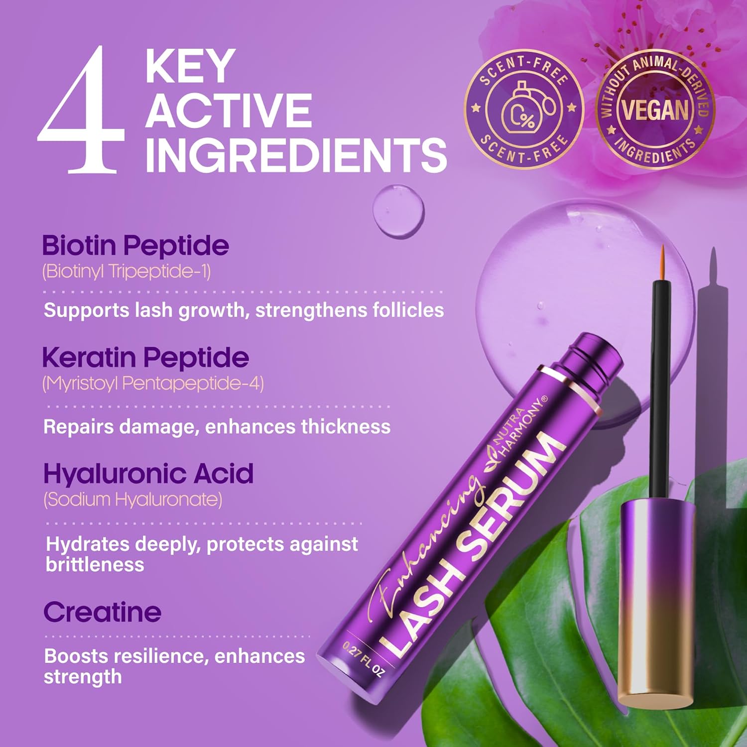 Enhancing Lash Serum for Eyelash Growth with Keratin and Biotin Peptides, Hyaluronic Acid, Creatine for Longer, Fuller, Thicker Lashes, Strength & Nourishment Treatment, Non-Irritating, Vegan, 8ml - Image 4