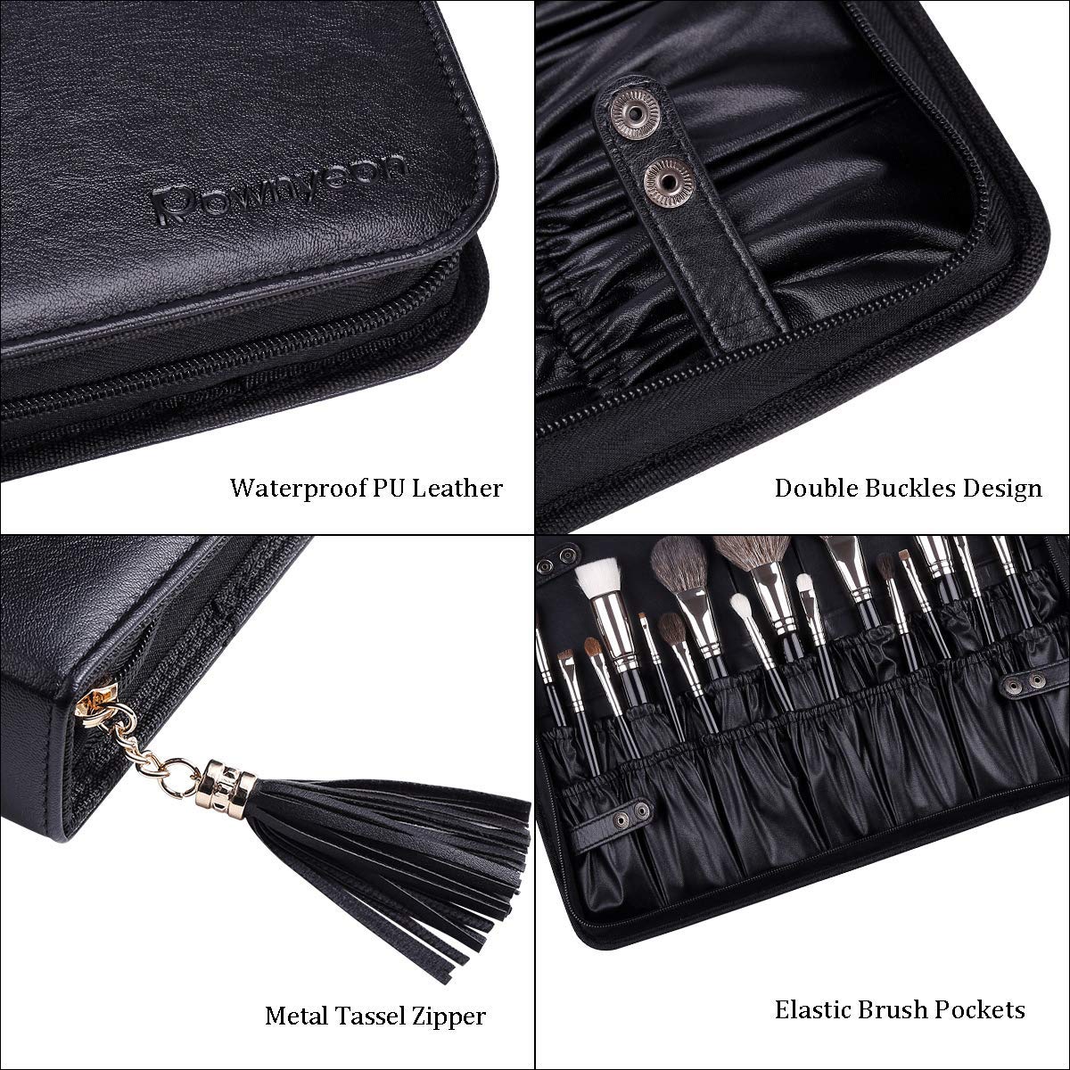 Rownyeon Professional Makeup Brushes Organizer Bag Makeup Artist Cosmetic Case Leather Handbag Black Travel Portable(Only Bag) - Image 3