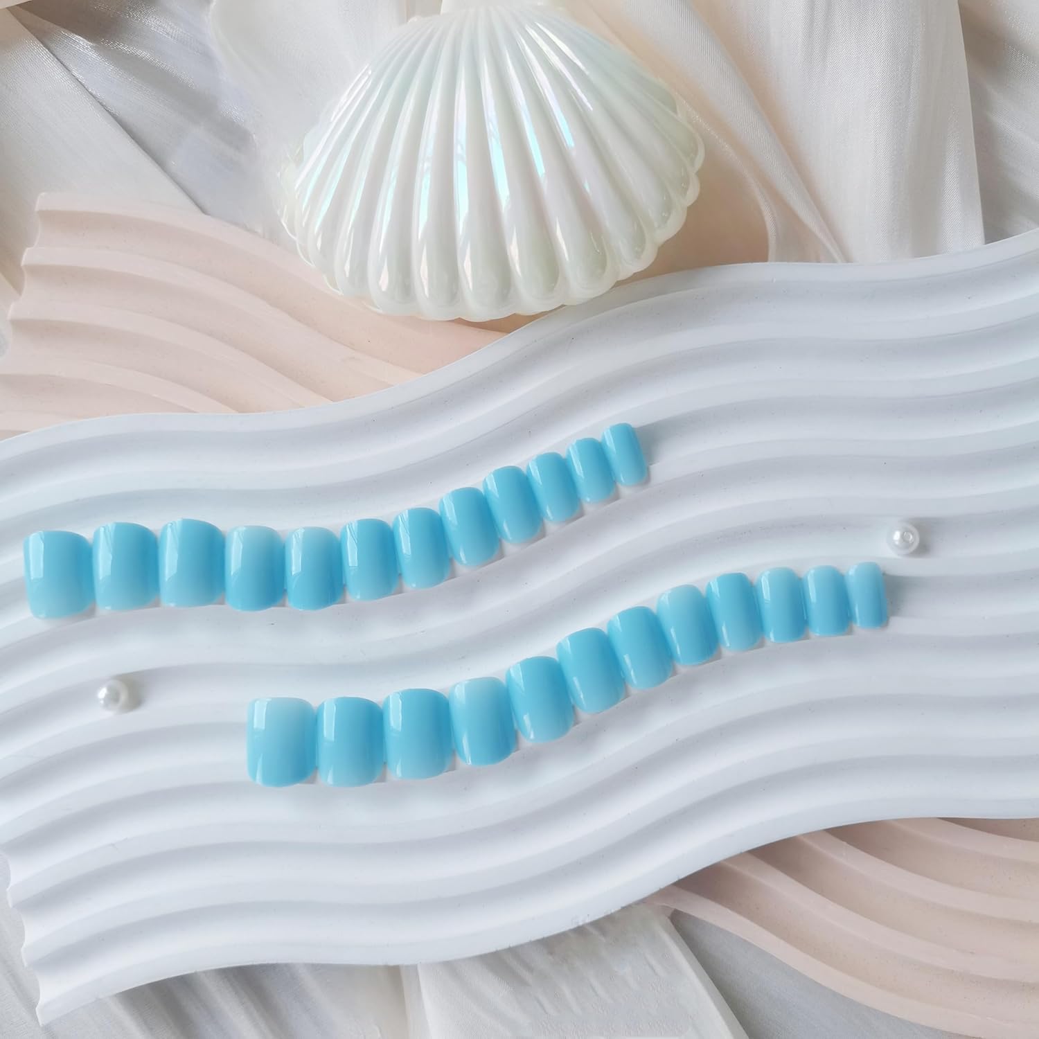 Baby Blue Press On Nails Short Square, KXAMELIE Natural Gel Nails Glue on Acrylic Nails Press ons Featured Protective Coat Thick Reusable Fake Nails Solid Color 24 Short Coffin Artificial Nails - Image 3
