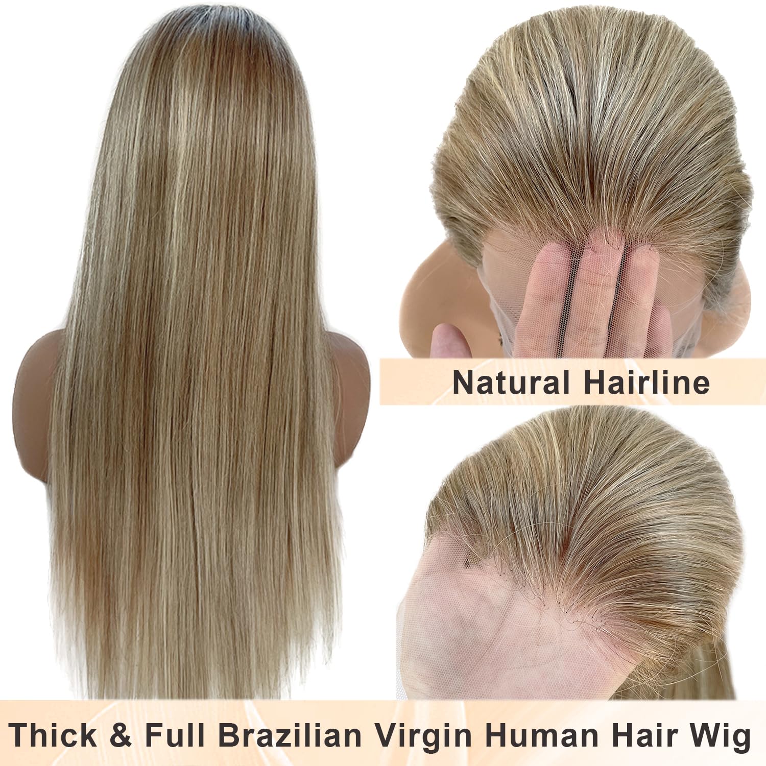 13x4 HD Lace Frontal Wig 22 Inch Ash Brown to Platinum Blonde Balayage Human Hair Glueless 180% Density Remy - Image 3