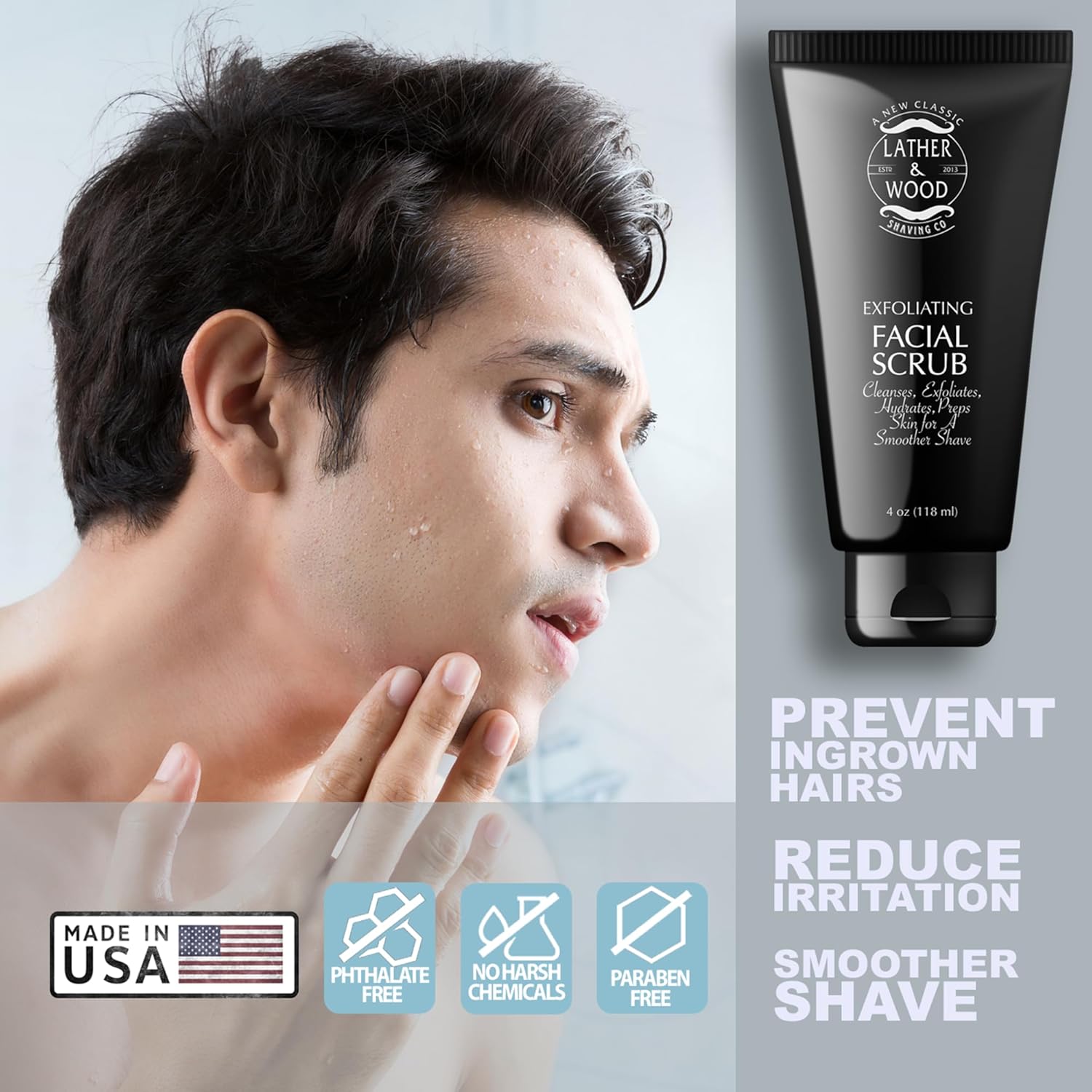 Lather & Wood's Face Scrub - Luxurious Exfoliating Mens Face Wash - 4oz Facial Cleanser - Image 3