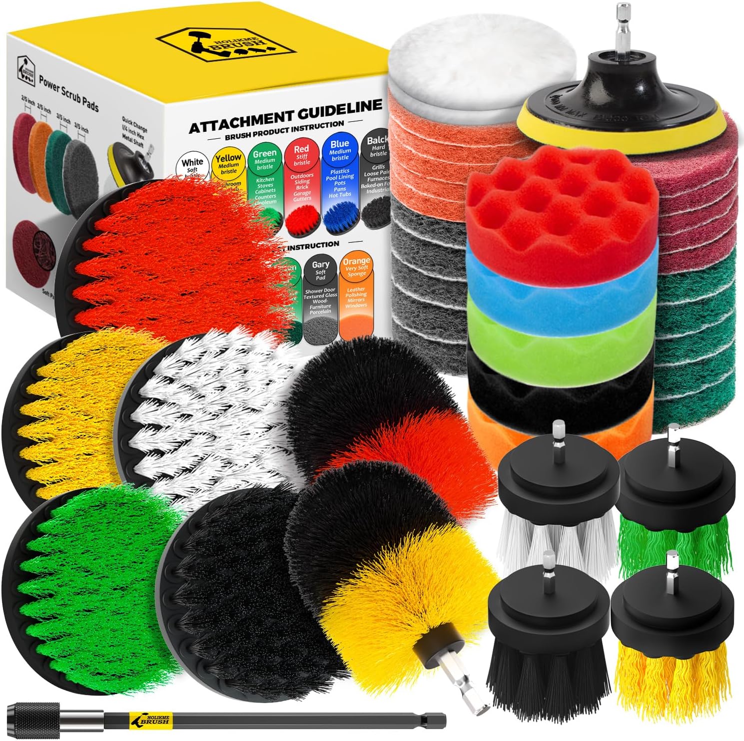 Holikme 40 Piece Drill Brush Attachment Set Scrub Pads Scouring Pads Power Scrubber Brush with Extend Long Attachment All Purpose Clean for Car Detailing,Grout, Tiles, Bathroom, Kitchen