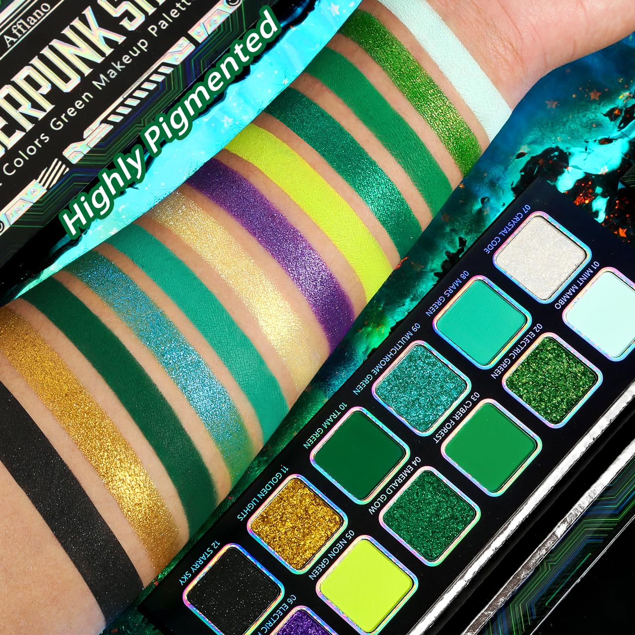 Afflano Multichrome Green Eyeshadow Palette, Color-Shifting Green Glitter Eyeshadow Pallet, Matte Chrome Eye Shadow Dark Forest green Makeup for Women Smokey Blue Brown Eyes Cosplay Party Daily Use - Image 6