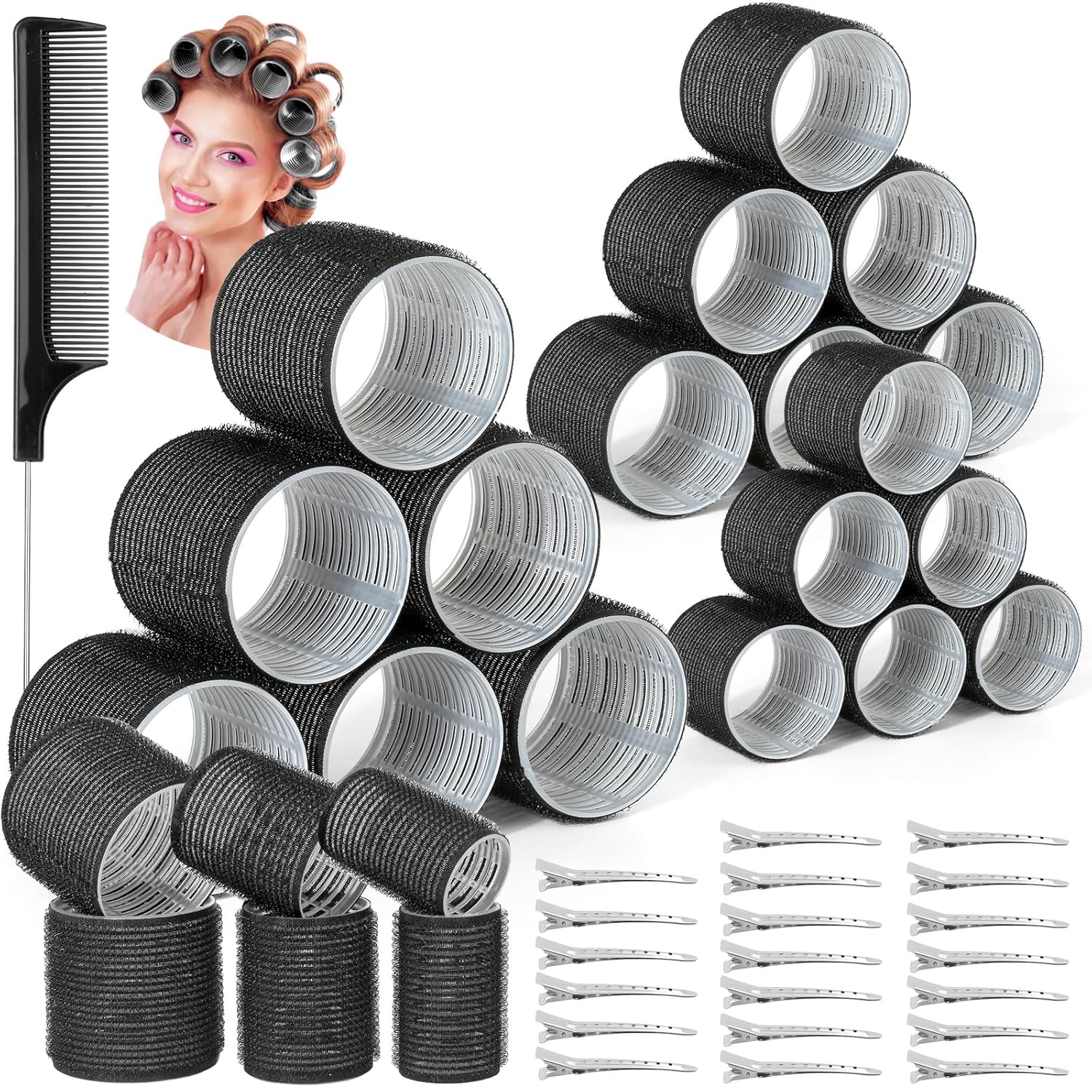 39PCS Self Grip Hair Rollers Curlers 3 Sizes Black Hair Roller 2.5in, 1.9in, 1.4in, Jumbo Curlers Roller with 12PCS Duckbill Clips Hair Rollers for Long Medium Short Thick Fine Volume Bangs