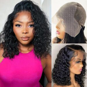 13x6 Bob Wig Deep Wave Lace Front Wigs Human Hair 13x6 Lace Frontal Wigs 180% Density Curly Bob Wig Human Hair Pre Plucked Deep Wave Wig for Black Women (Natural Black, 12Inch)