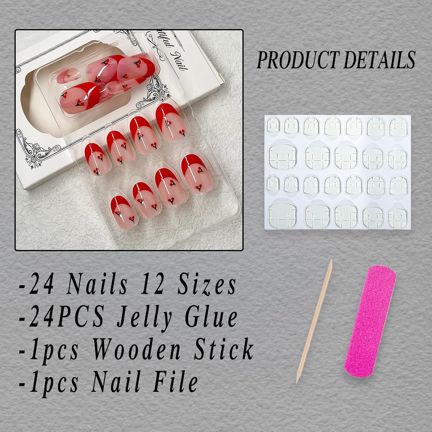 Red French Tip Press on Nails Almond Short Fake Nails Cute Nude Pink Full Cover Glue on Nails with Red Cherry Glossy Artificial Stick on Nails Reusable Acrylic False Nail for Women Girls 24Pcs - Image 2