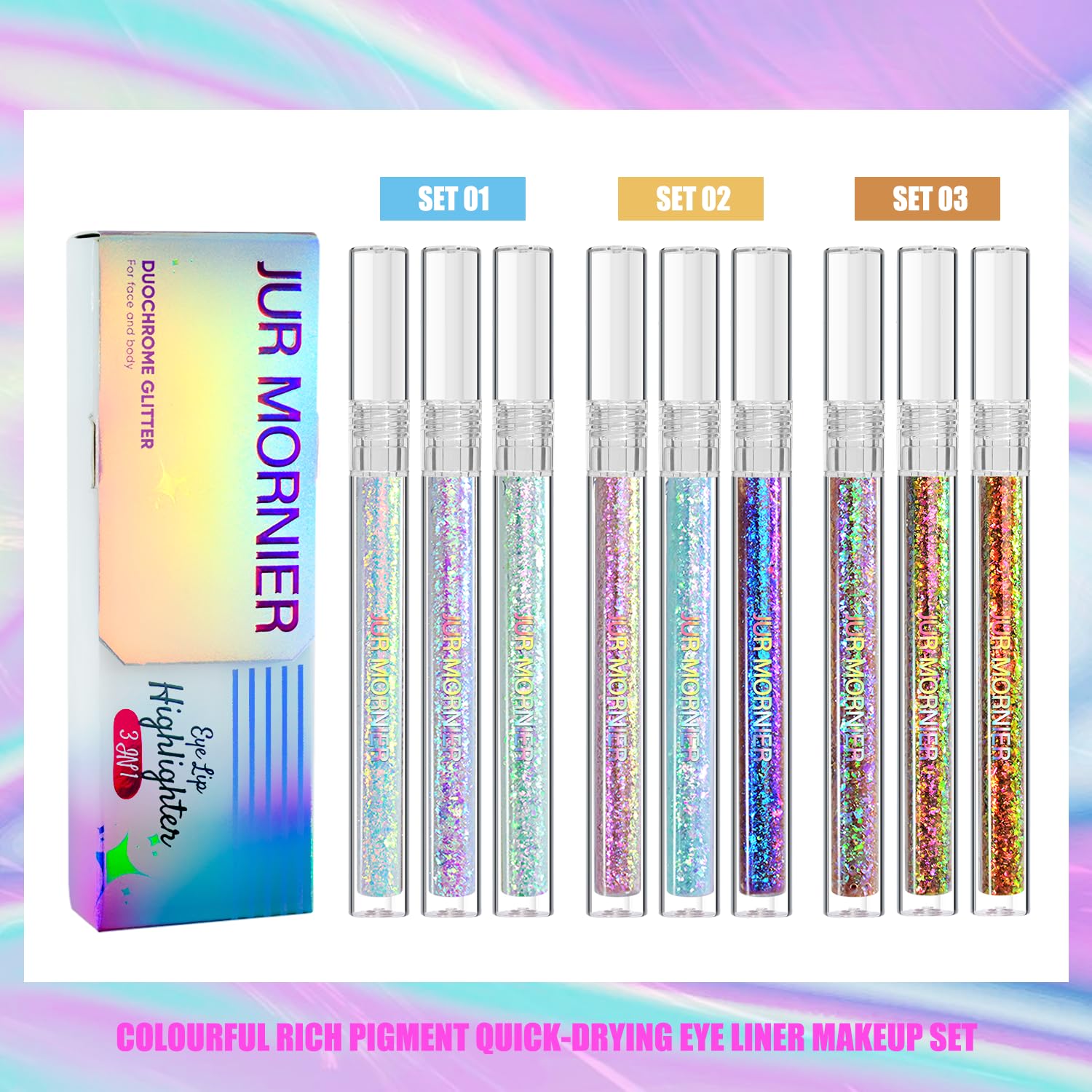 Multichrome Liquid Eyeshadow Set,3 Colors Multi-Dimensional Eye Liner Makeup,High Pigment Waterproof Metallic Eye Shadow,Ultre Fine Tip Glitter Eyeshadow (A01+A02+A03) - Image 4