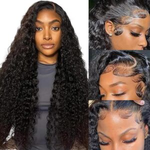 13x6 Deep Wave Lace Front Wigs Human Hair 200% Density Pre Plucked 13x6 HD Transparent Curly Lace Frontal Wig for Women Virgin Brazilian Human Hair Wet n Wavy Wig Realistic Looking 24 Inch