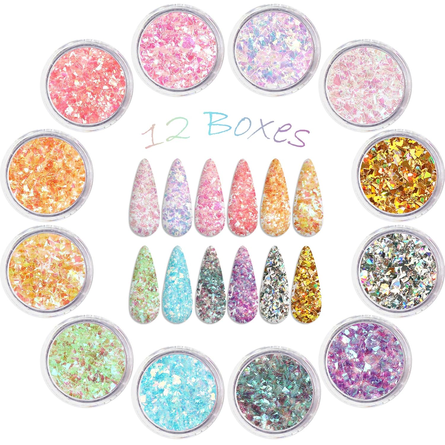 Allstarry 12 Colors Mermaid Nail Chunky Glitter Ultra-Thin Fluorescent Glass Paper Irregular Iridescent Sequin Flakes Glitters Sticker for Nails Art Decoration Hair Eyes Face Body DIY Craft - Image 2