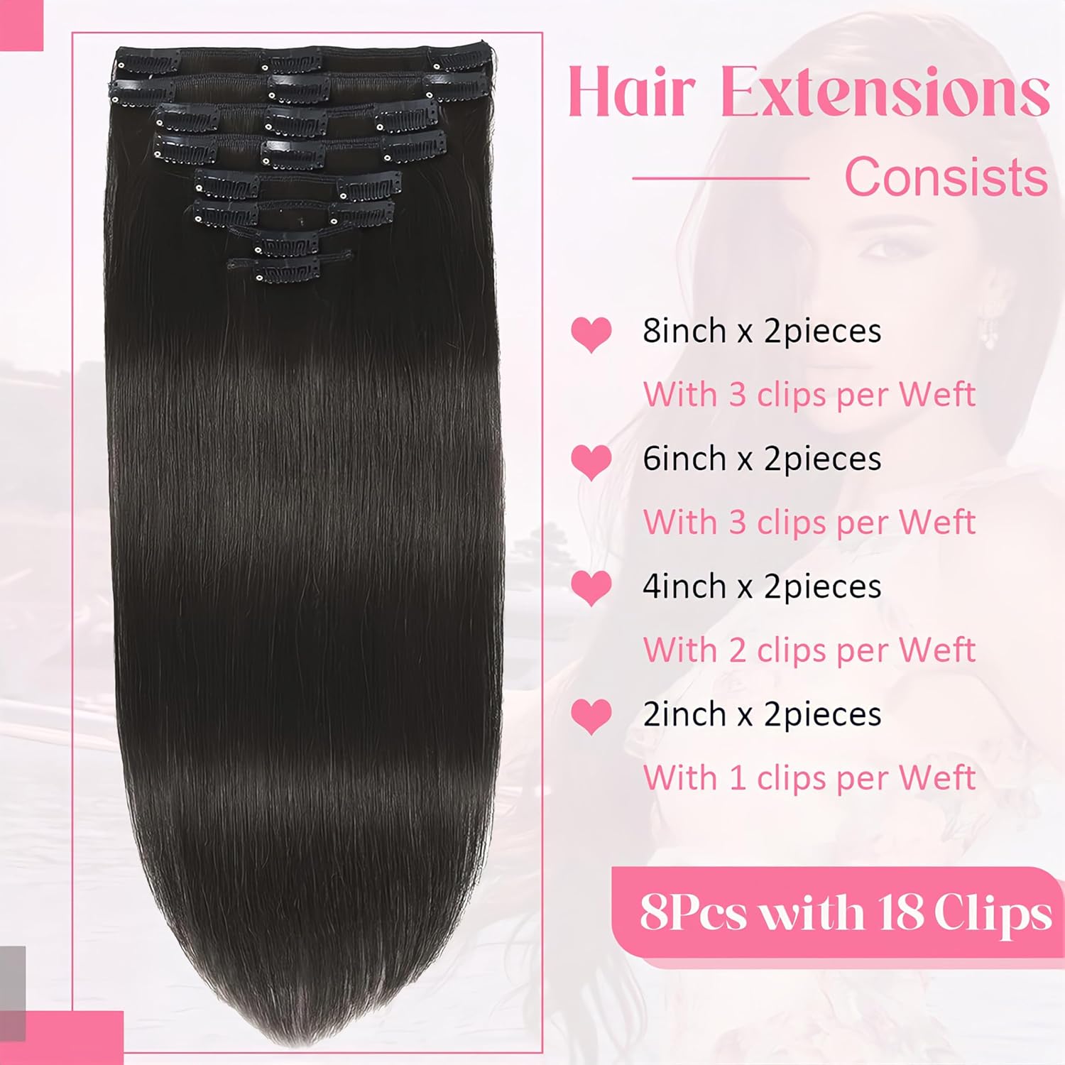 Clip in Hair Extensions Real Human Hair, 100g/3.6oz, Clip in 100% Brazilian Remy Human Hair Extension for Women, Double Weft 8pcs Per Set with 18 Clips 1B Natural Black 16 Inch - Image 3