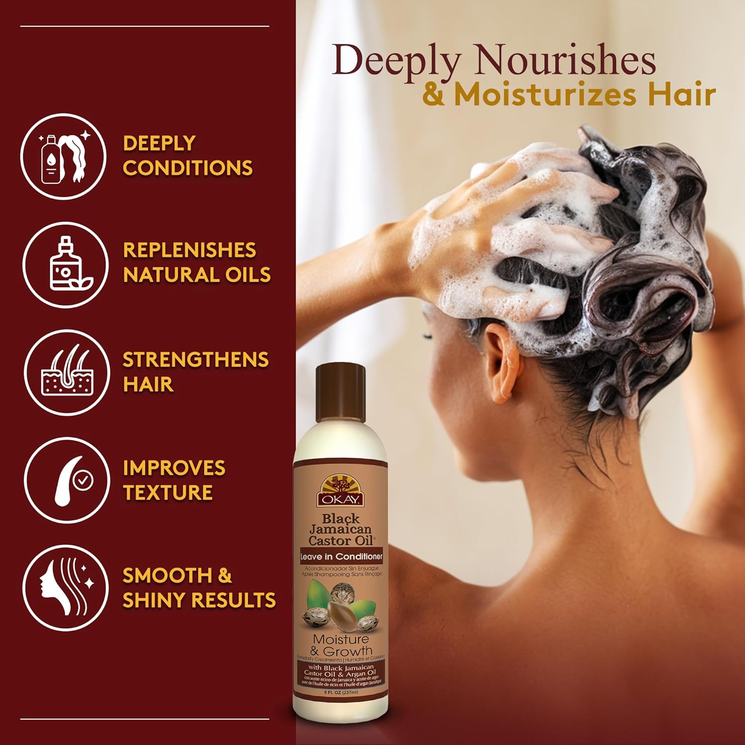 OKAY Black Jamaican Castor Oil Leave In Conditioner - Hair Moisturizer for Women and Men, Natural Hair Product for Hair Growth, Curly Hair Grease for Smooth, Moisturized Hair - 8 oz (Pack of 1) - Image 2