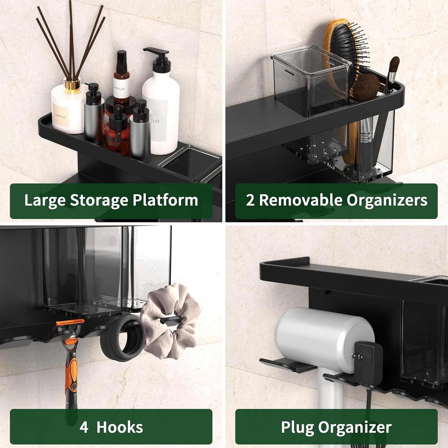 Wall Mounted Hair Dryer Holder - Storage Organizer with Shelf & Hooks for Bathroom, Blow Dryer Rack (Black) - Image 3