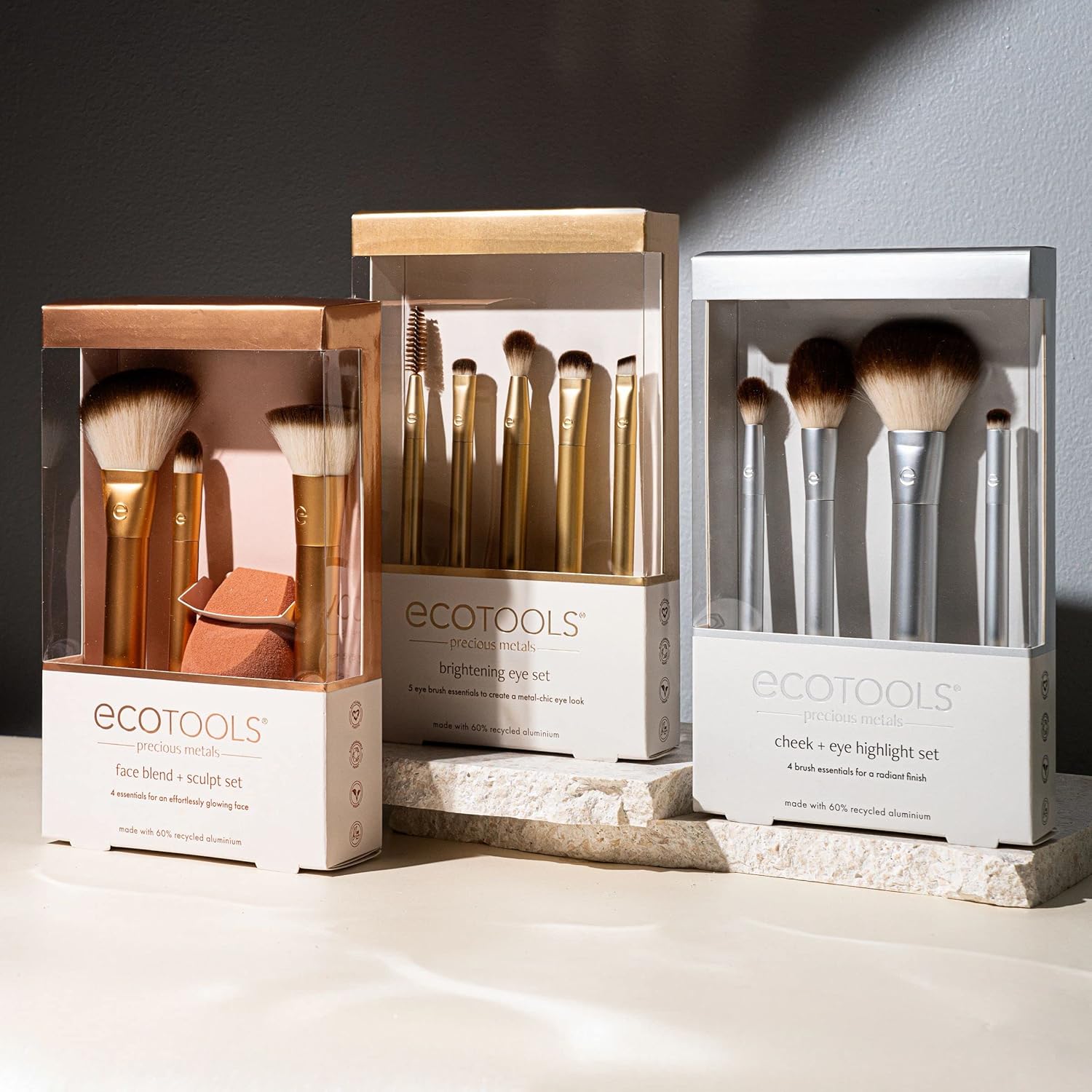EcoTools Precious Metals Cheek & Eye Highlight Makeup Brush Kit, for Eyeshadow, Blush, & Powder Products, Eco Friendly, Cruelty Free Face Brushes, Recycled Aluminum, Chrome, 4 Piece Set - Image 11