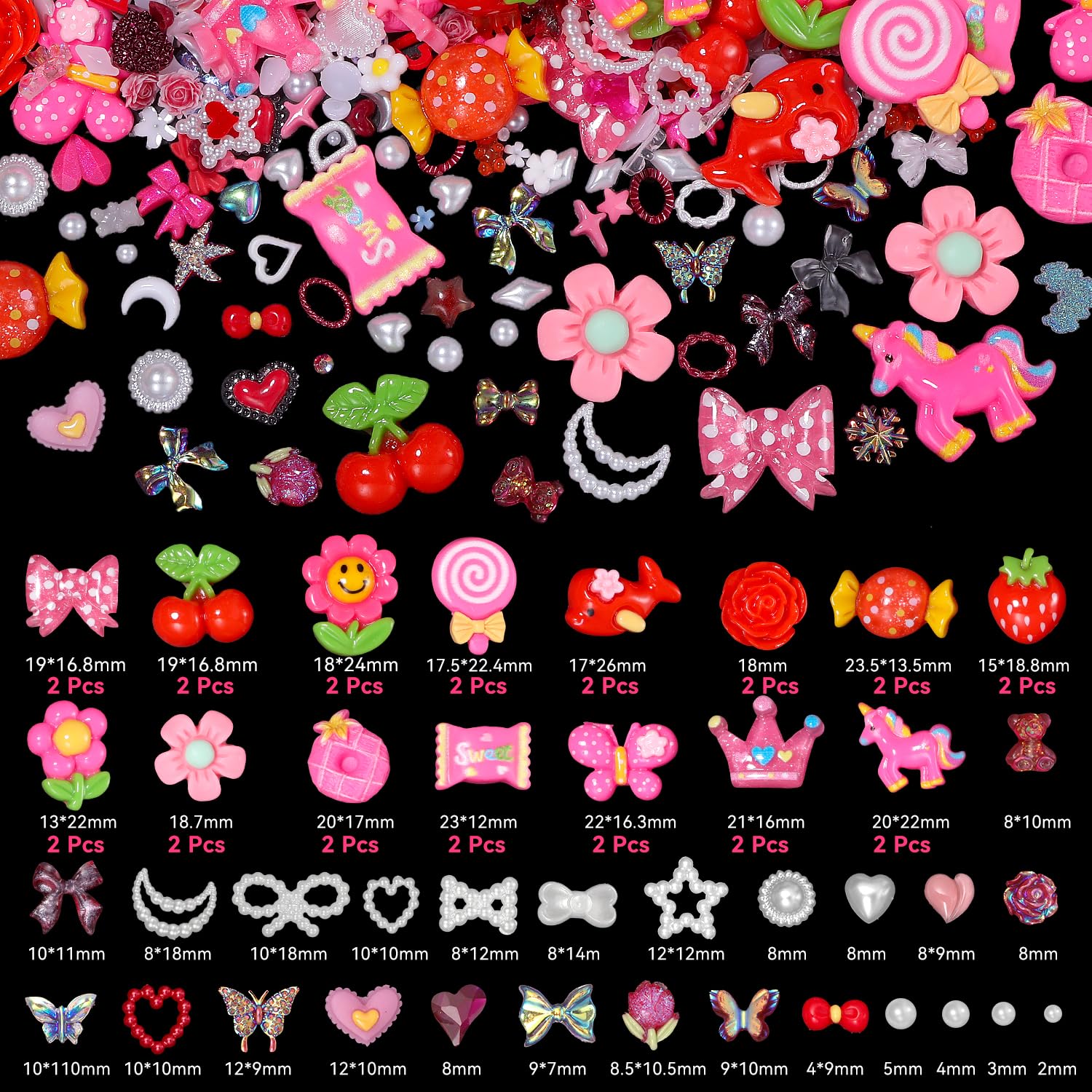 300 Pcs 3D Assorted Flower Candy Lollipop Junk Nail Charms, Acrylic Cute Nail Candy Charms, Flower Bow Star Heart Junk Case Candy Charms for Nail Art DIY Crafts Accessories(S5-Red Charms) - Image 3