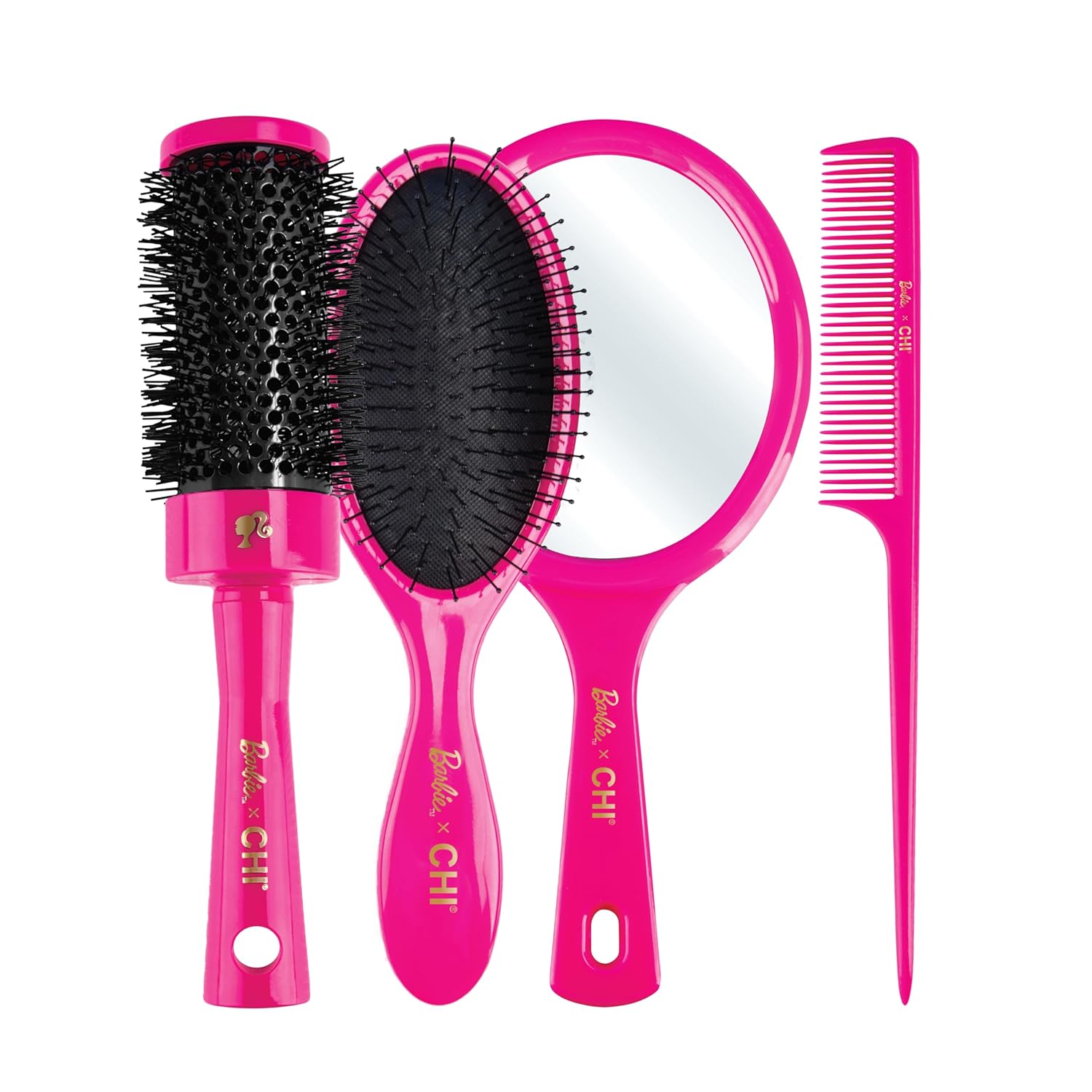 CHI X Barbie 65th Anniversary 4-Piece Styling Kit, Includes Rattail Comb, Paddle Brush, Round Brush & Mirror