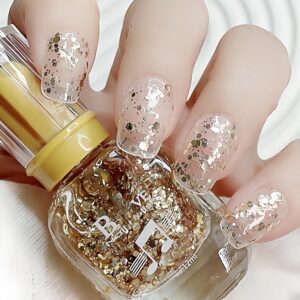 Gold Clear Glitter Nail Polish, Glossy Gold Glitter Top Coat, Quick Dry Clear Sparkle Nail Polish for Nail Art, Gold Glitter Top Coat Nail Polish Gifts for Girls Reflective Glitter