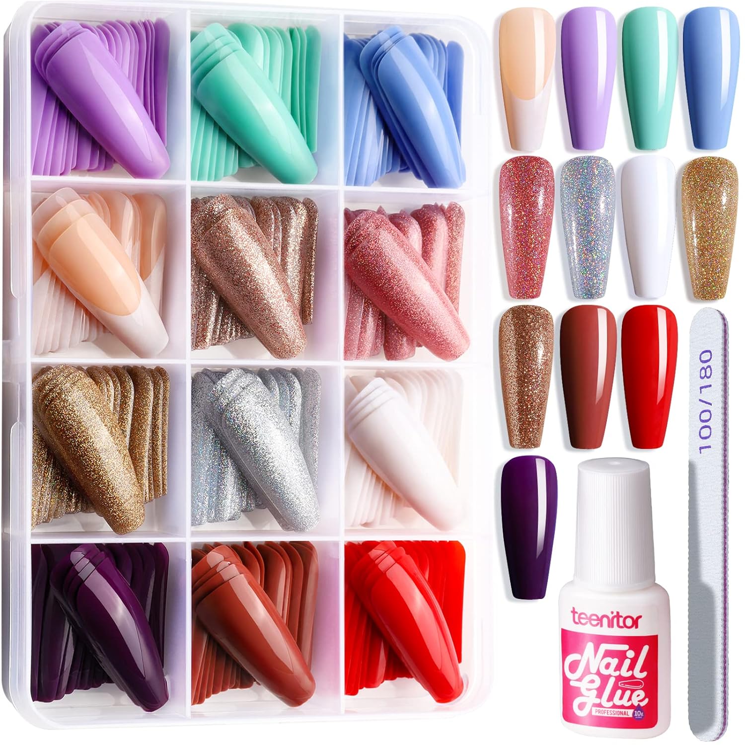 Teenitor Long Coffin Press On Nails, Full Cover Color Coffin Nail Tips, 288pcs Long Ballerina False Nails, 12 Colors Glue On Nails Long Coffin, Glitter Press On False Nails - Image 2