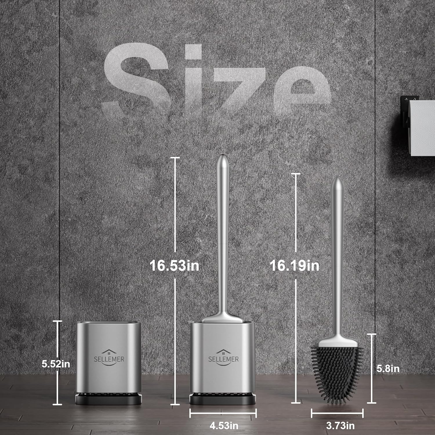 Sellemer Silver Toilet Brush and Holder Set with Flexible Silicone Bristles Compact Size - Image 7