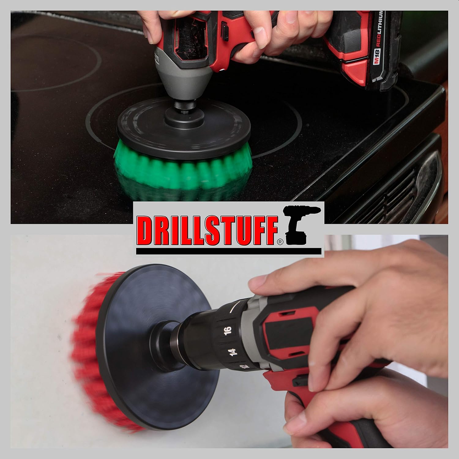 Cleaning Brush Set - 5-inch Medium & Stiff Bristle Drill-Powered Brushes - Green & Red - Kitchen, Tile, Floor & Outdoor Use - Stainless Steel Handle - Nylon Bristles - Image 2