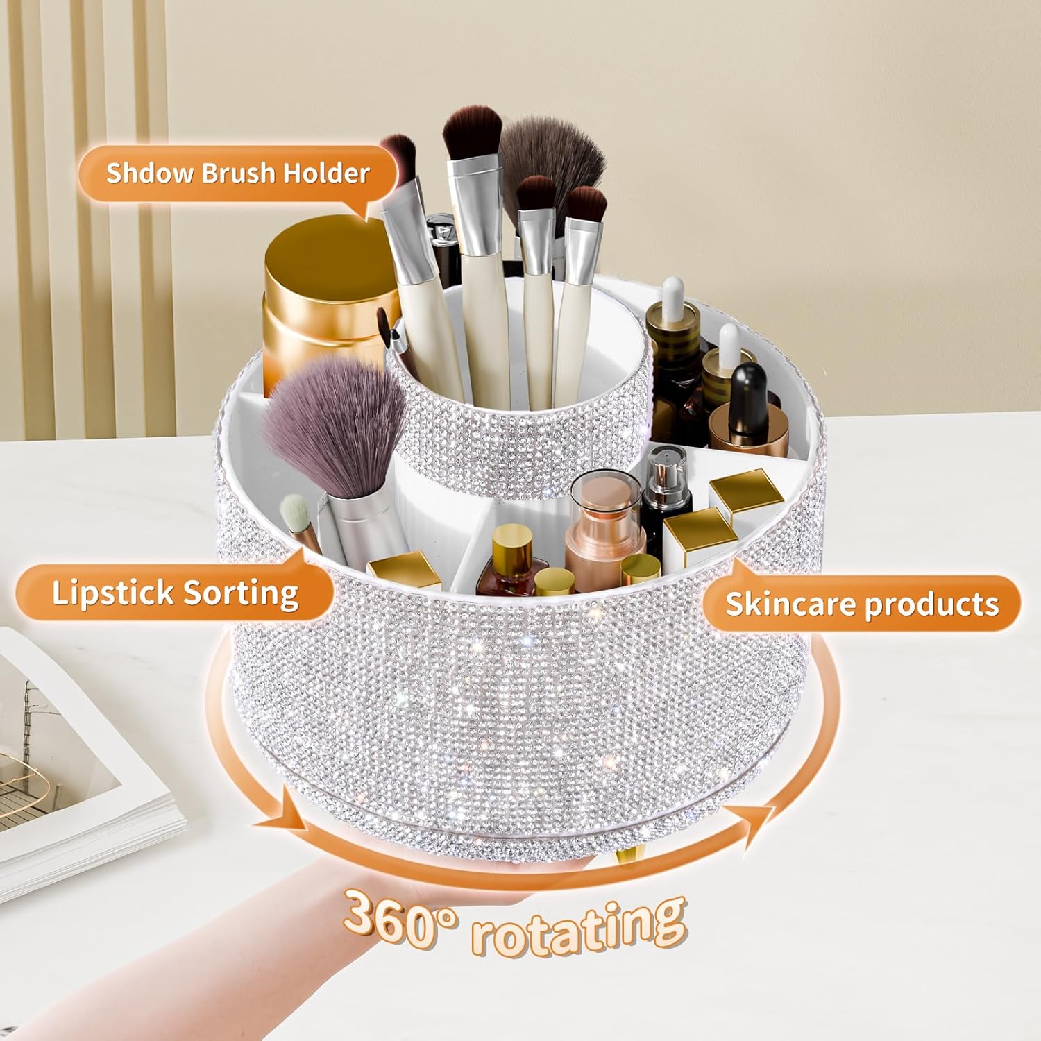 Bling Diamond Makeup Brush Holder, 360° Rotating Makeup Organizer, 5 Slot Make up Brushes Cup for Countertop, Storage for Cosmetics Pen Eyeliner Skincare on the Vanity (Diamond white) - Image 2