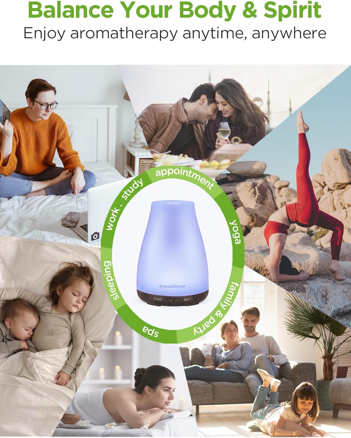 InnoGear Essential Oil Diffuser, Premium 5-in-1 Diffusers for Home Scent Aromatherapy Diffuser Air Desk Humidifier for Bedroom Large Room Office 7 Color LED 2 Mist Mode Waterless Auto Off, Brown Base - Image 7