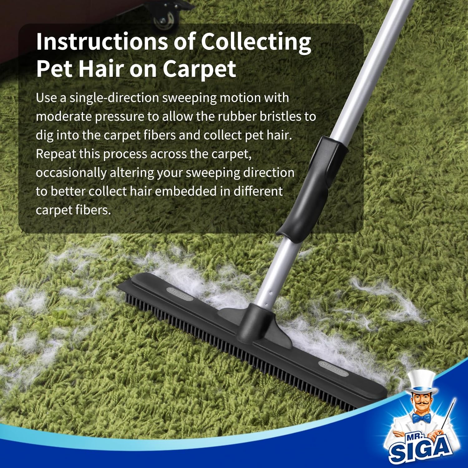 MR.SIGA 3-in-1 Pet Hair Rubber Broom Squeegee New Adjustable 61 Inch Handle - Image 3