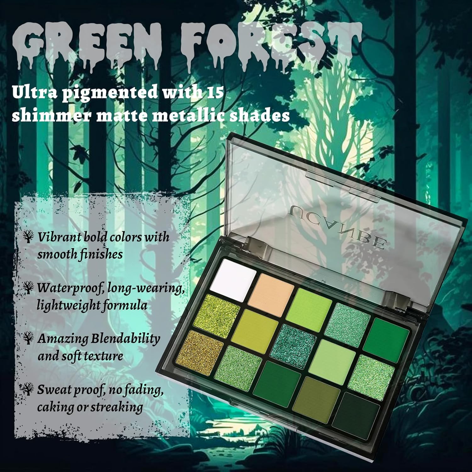 UCANBE Green Eyeshadow Makeup Palette, 15 Colors Bright Dark Green Shimmer Matte Metallic Glitter Eye Shadow, Forest Emerald Lime Pallet Kit for Cosplay Parties Christmas Halloween SFX - Image 2