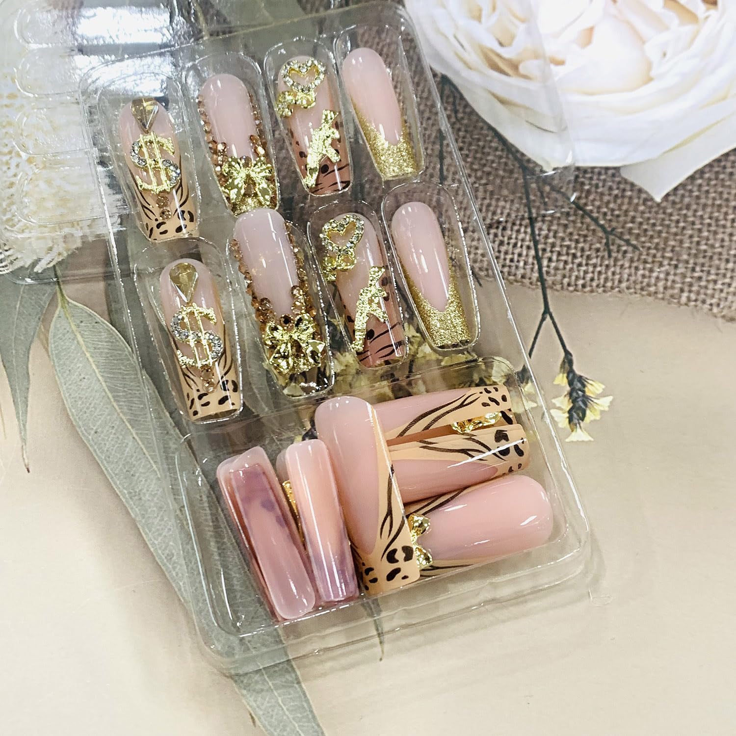 Press on Nails Long Coffin Shaped Acrylic Glossy Full Cover Long Square French False Nails with Designs Artificial Extra Long Fake Nails with Charms Glue ons Fingernails for Women(XG10114) - Image 5